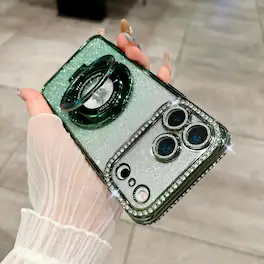 Dteck - Luxury Glitter Rhinestone Phone Case for Apple iPhone 17 Pro Max,Plated Shockproof Ring Stand TPU Cover with Lens Film - Darkgreen