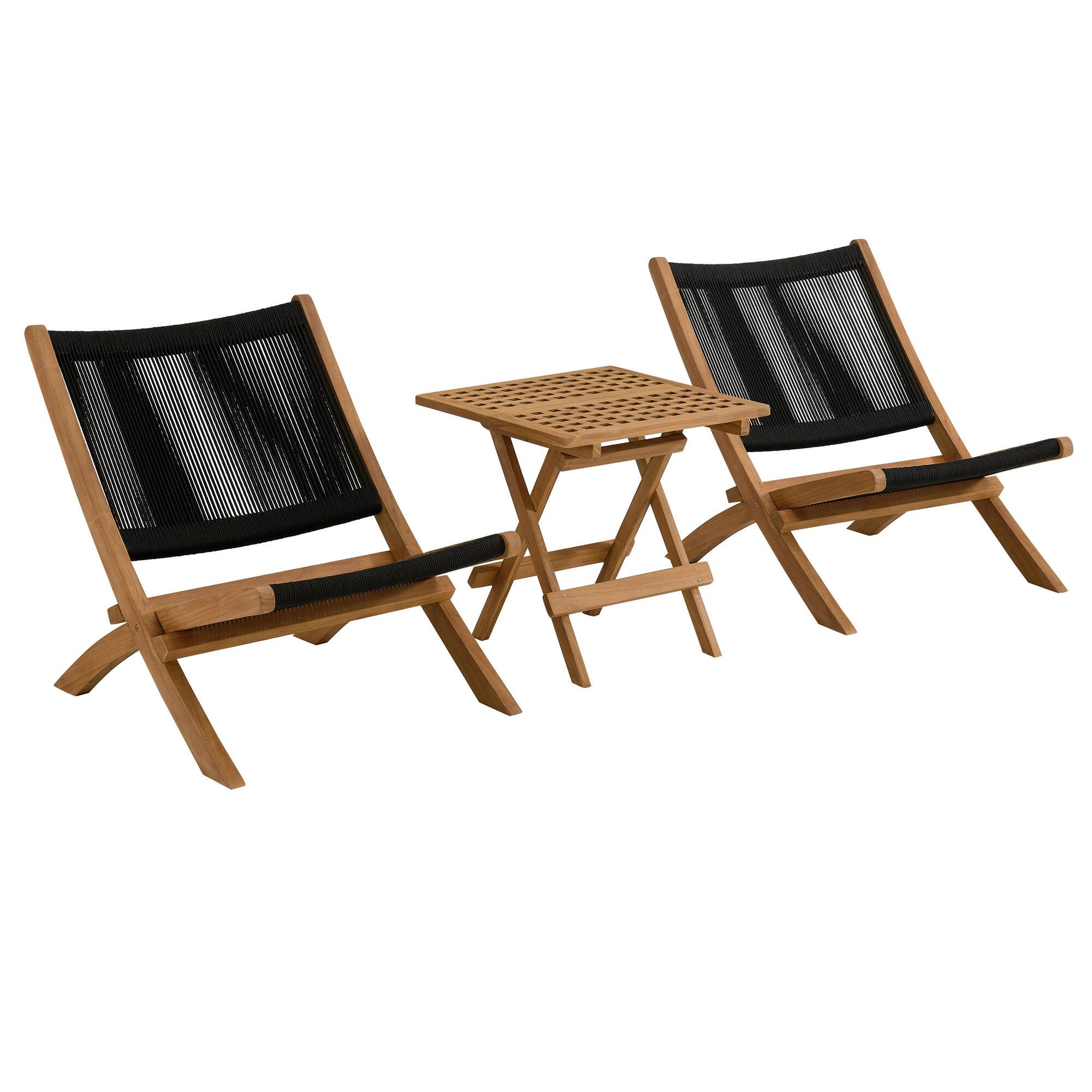 Left. Modway - Vienna 3-Piece Outdoor Patio Teak and Rope Folding Lounge Chairs and Side Table by Modway - Natural Black.