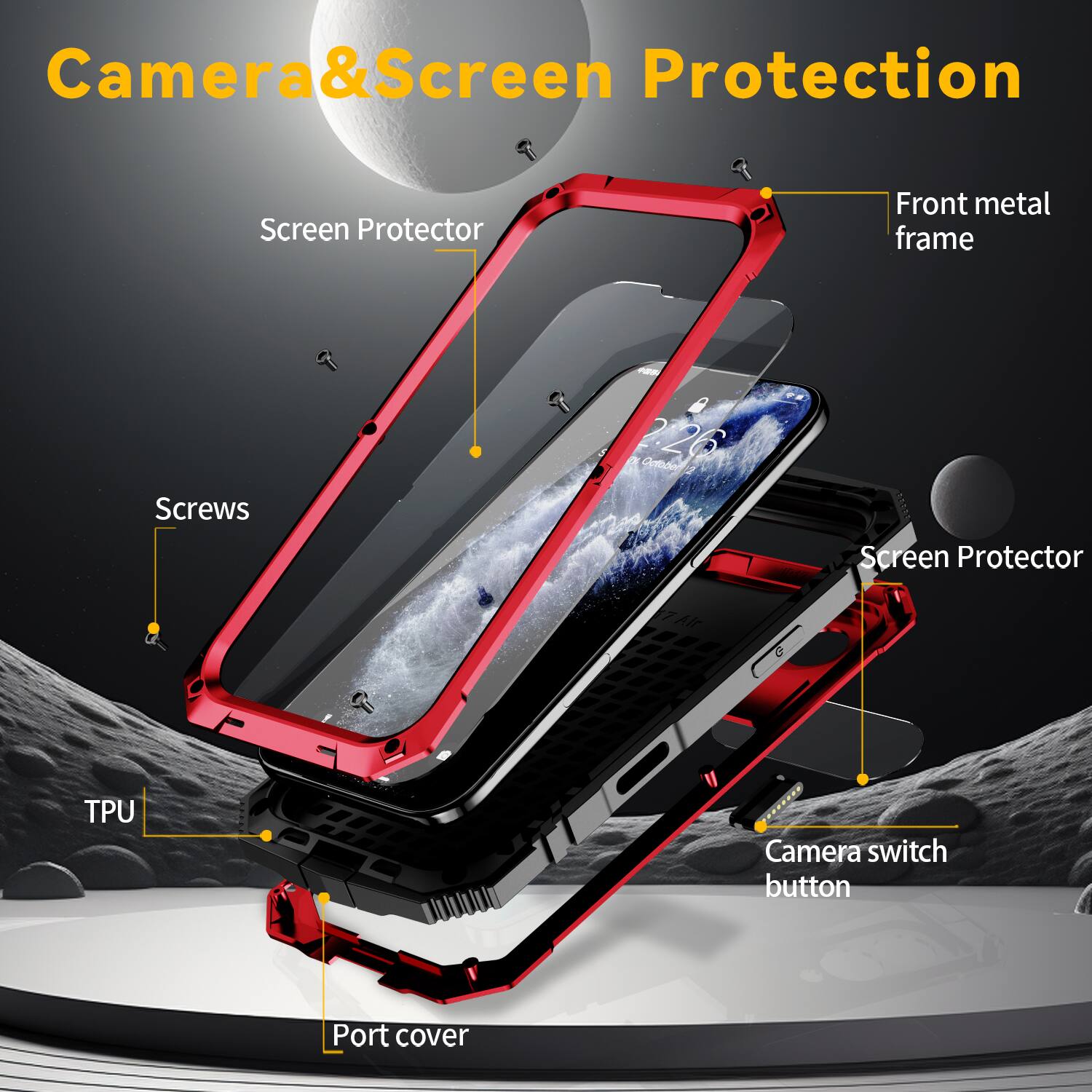 Camera & Screen Protection  
Screen Protector  
Front metal frame  
Screws  
TPU  
Port cover  
Camera switch button