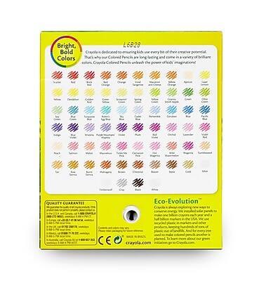 Bright, L6B28 Bold Crayola is dedicated to ensuring kids use every bit of their creative potential. That's why our Colored Pencils are long-lasting and come in a variety of brilliant colors. Crayola Colored Pencils unleash the power of kids' imaginations.

Crayola is proud to be made in the USA. We are committed to one in every 100 crayons being recycled each year and a sustainable future. Our crayons are made from recycled plastic and other materials, and we are committed to reducing our environmental impact. Learn more about our Eco-Evolution at crayola.com.

QUALITY GUARANTEE: Crayola is committed to providing the highest quality products. If you are not completely satisfied, please contact us at 1-800-CRAYOLA.

Eco-Evolution: Crayola is proud to be made in the USA. We are committed to one in every 100 crayons being recycled each year and a sustainable future. Our crayons are made from recycled plastic and other materials, and we are committed to reducing our environmental impact. Learn more about our Eco-Evolution at crayola.com.