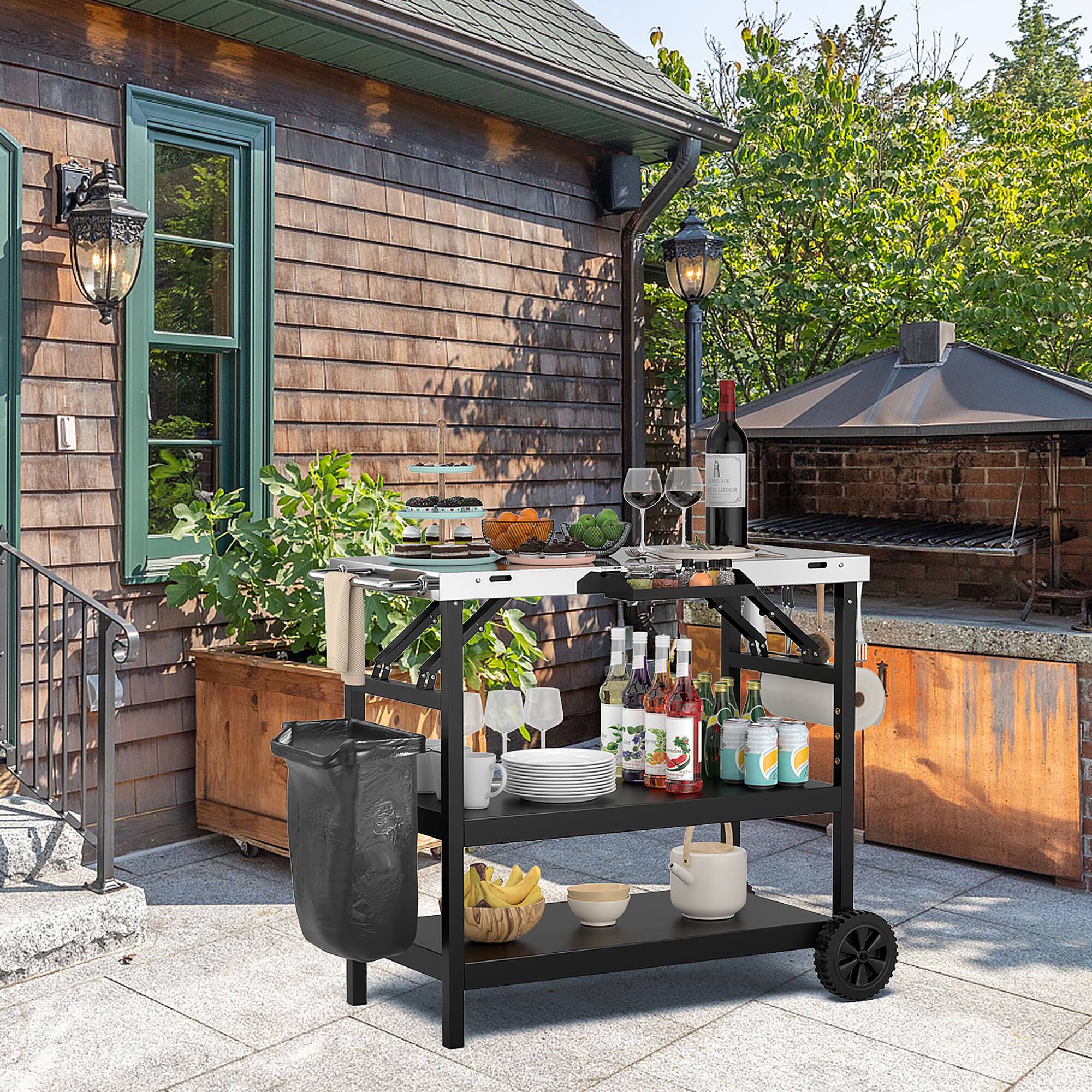 Alt View 2. Gymax - Gymax 3-Shelf Movable Grill Cart Table Home & Outdoor Multifunctional Stainless Steel - Black + Sliver.
