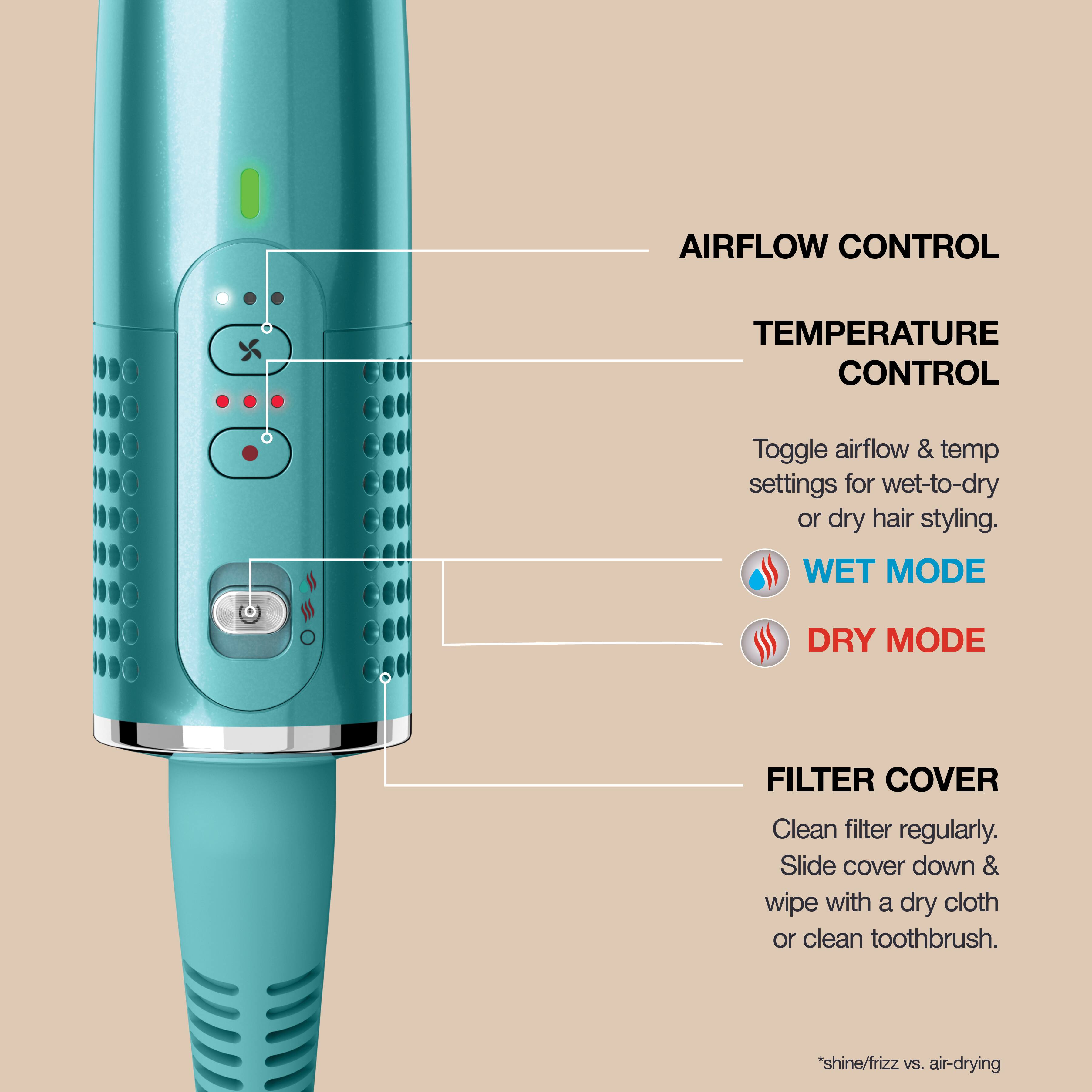**AIRFLOW CONTROL**

**TEMPERATURE CONTROL**

Toggle airflow & temp settings for wet-to-dry or dry hair styling.

**WET MODE**

**DRY MODE**

**FILTER COVER**

Clean filter regularly. Slide cover down & wipe with a dry cloth or clean toothbrush.

*shine/frizz vs. air-drying