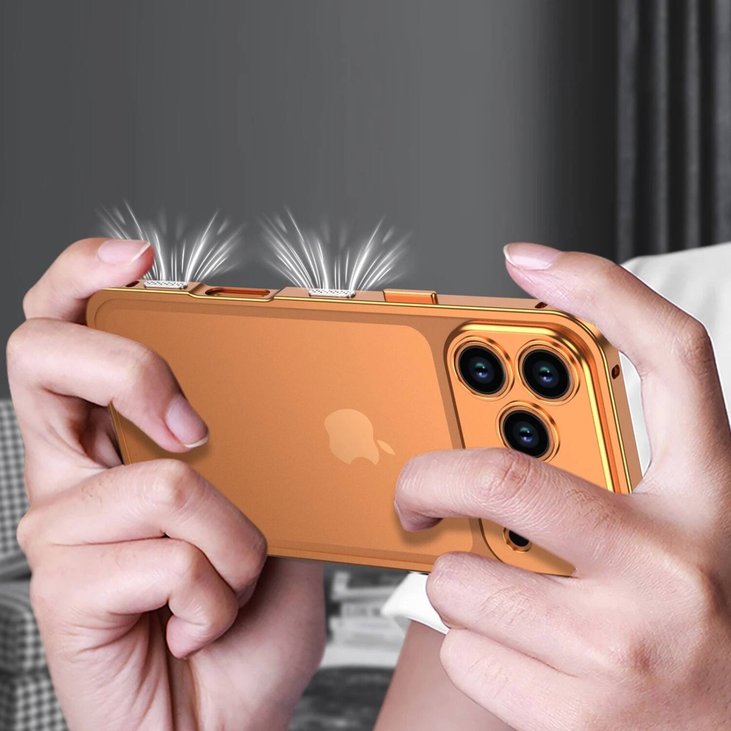 Angle. Stock Preferred - iPhone 17 Slim Metal Frame Bumper Case with Built-in Camera Lens Cover - Gold.