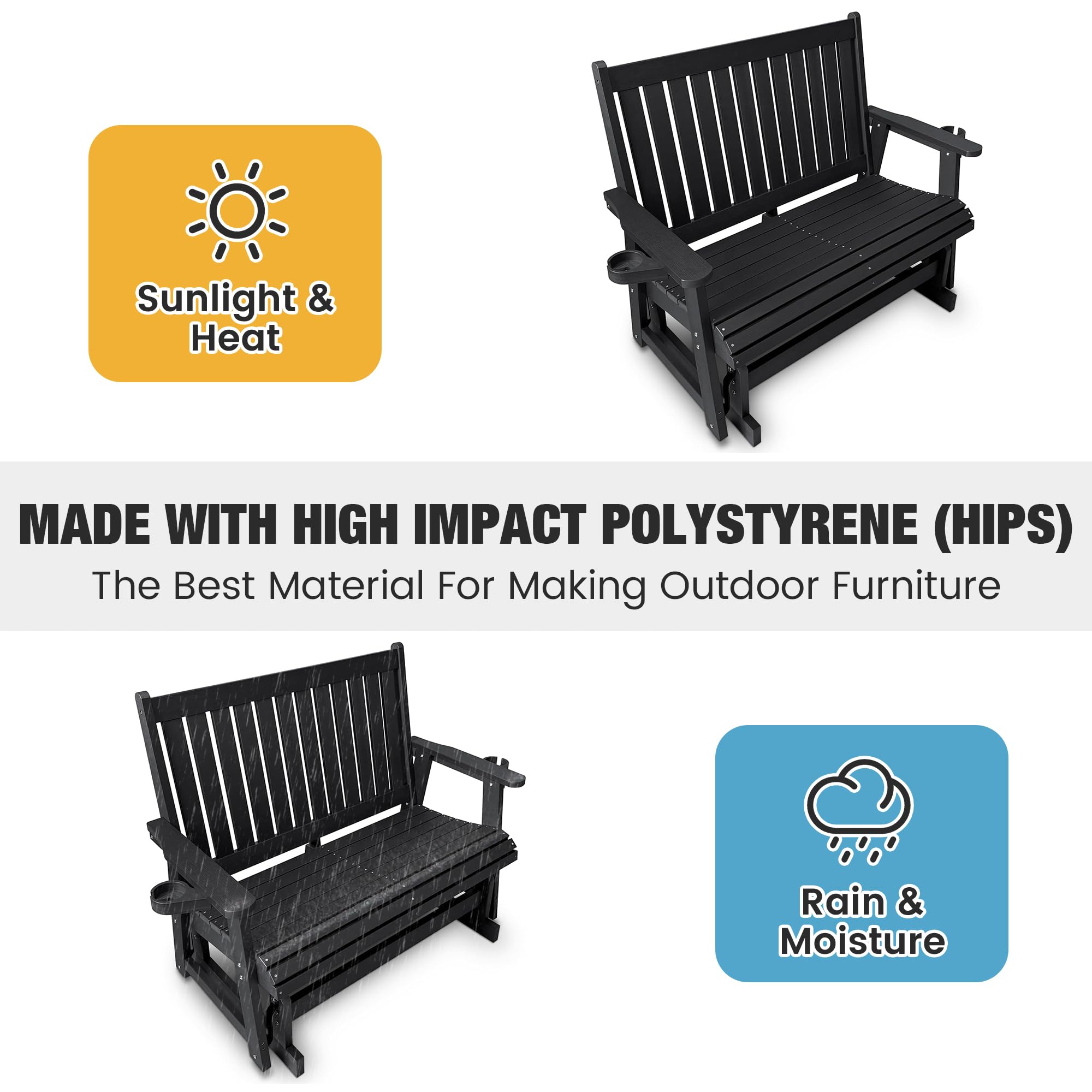Sunlight & Heat

MADE WITH HIGH IMPACT POLYSTYRENE (HIPS)
The Best Material For Making Outdoor Furniture

Rain & Moisture