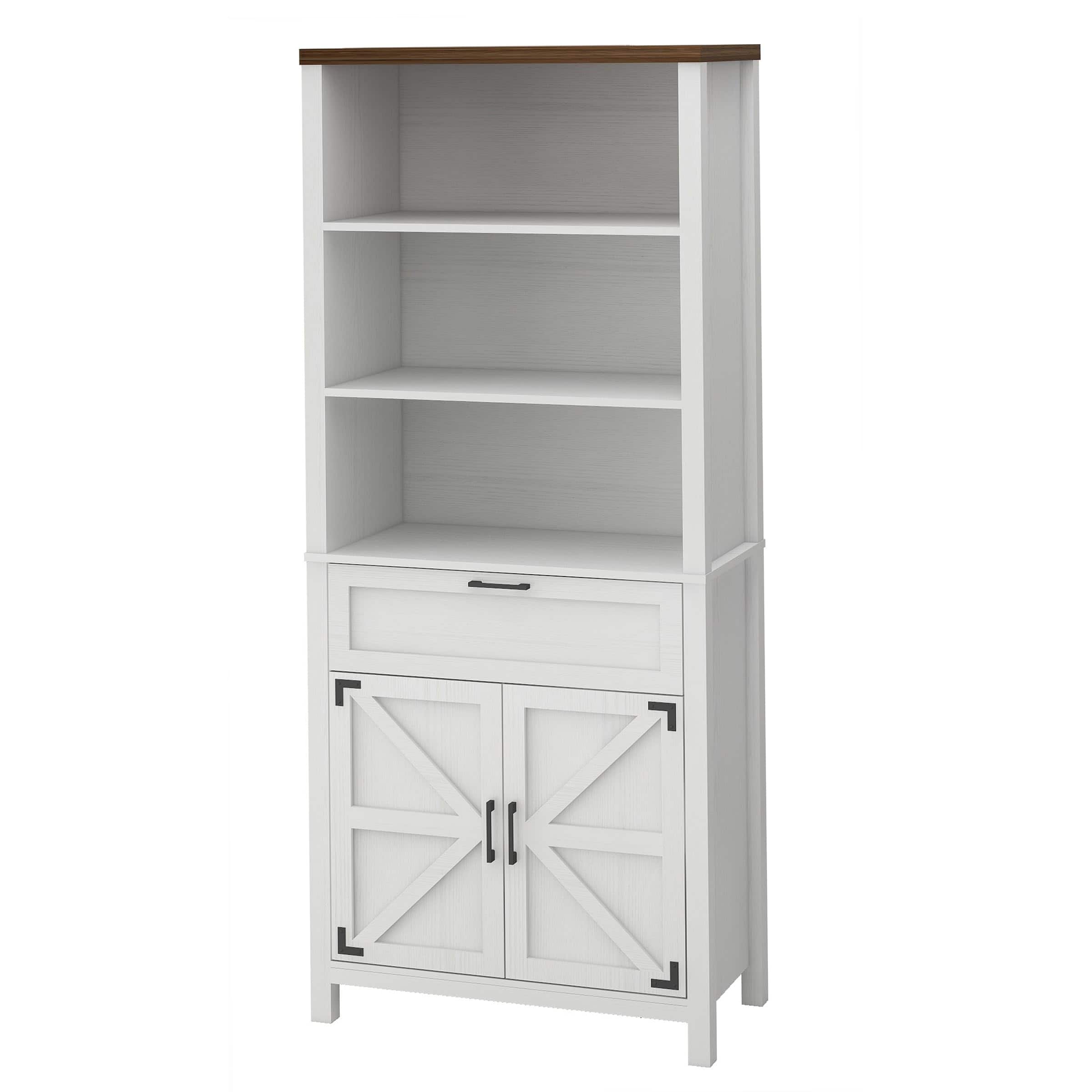 Acekool - Bookshelf with Doors, 6-Tire Farmhouse Storage Cabinet Bookcase Floor Standing Bookshelves with w/ 1 Drawer - White