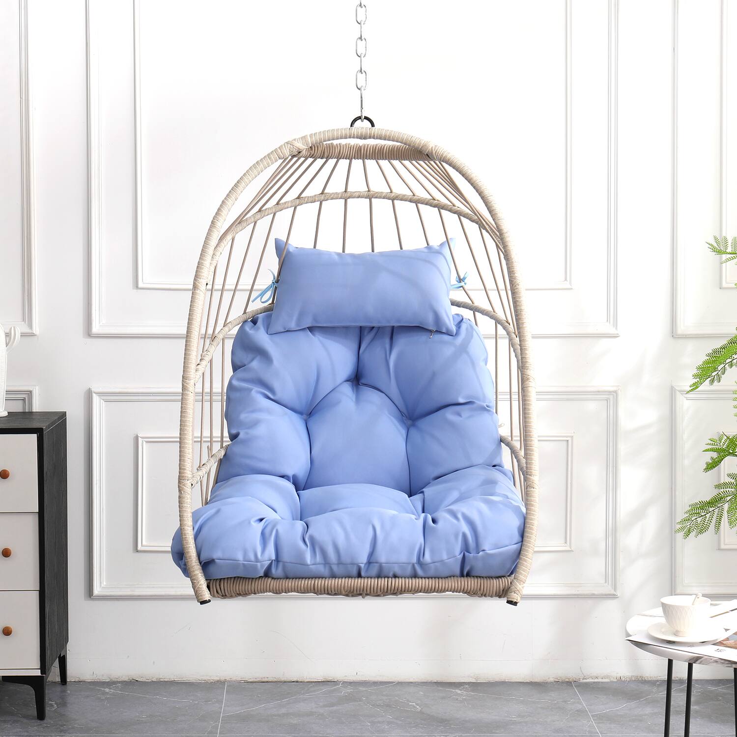 Front. APRILSOUL - Outdoor garden rattan egg swing chair hanging chair PE hanging chair blue - Blue.