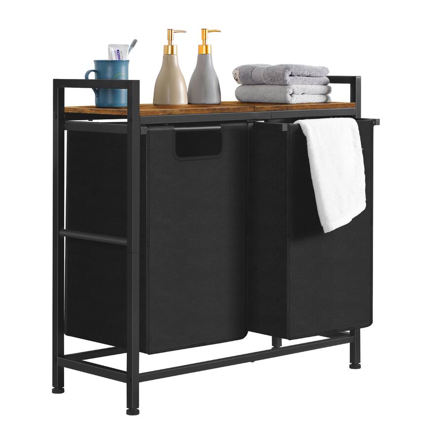 Obby Frame Oumilen 2 Compartment Laundry Hamper with Wood Top – Black Fabric ...