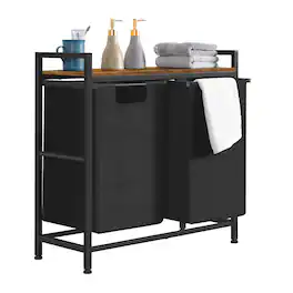 Oumilen - 2 Compartment Laundry Hamper with Wood Top – Black Fabric Sorter Basket with Metal Frame & Removable Bags - Brown