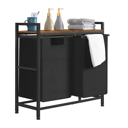 Front. Oumilen - 2 Compartment Laundry Hamper with Wood Top – Black Fabric Sorter Basket with Metal Frame & Removable Bags - Brown.