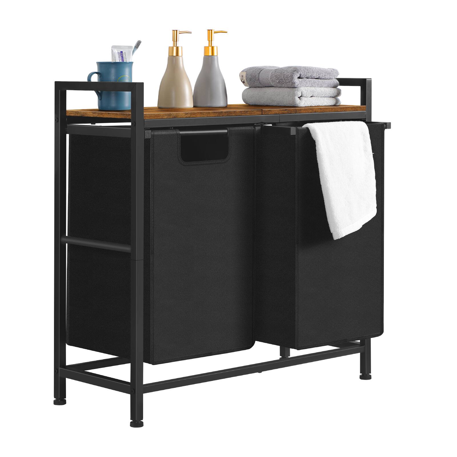 Front. Oumilen - 2 Compartment Laundry Hamper with Wood Top – Black Fabric Sorter Basket with Metal Frame & Removable Bags - Brown.