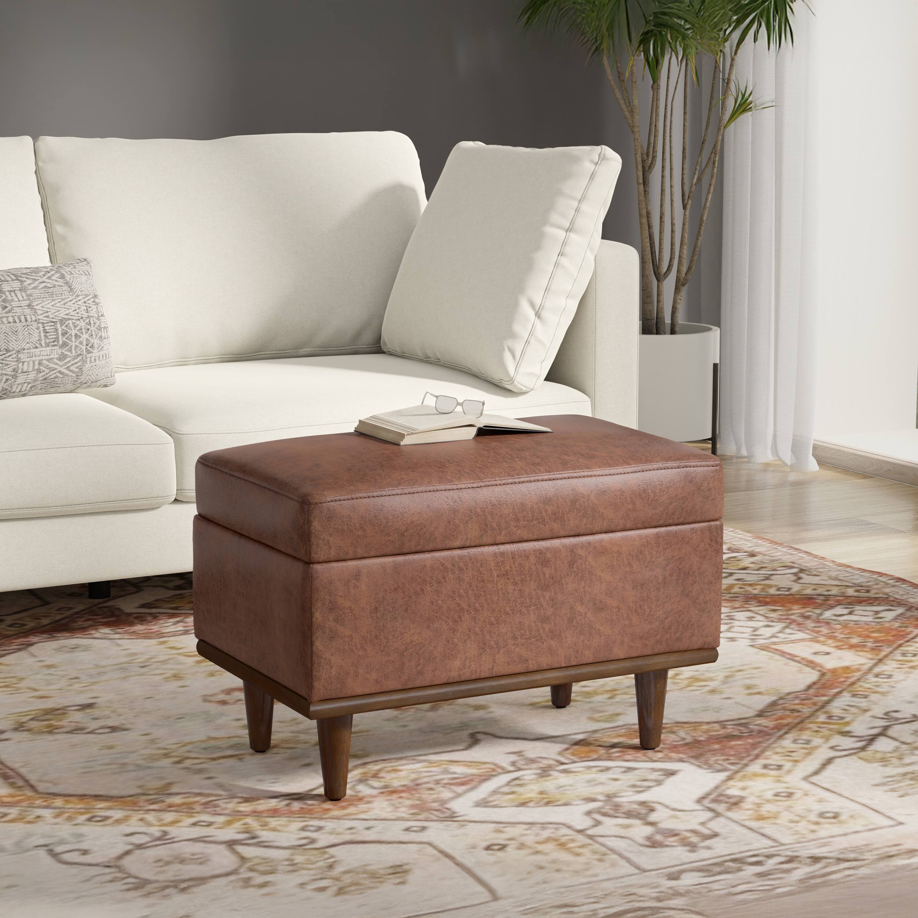 Left. Simpli Home - Shiloh 26 inch Transitional Contemporary Small Storage Ottoman in Distressed Saddle Brown Vegan Faux Leather, Assembled - Distressed Saddle Brown.