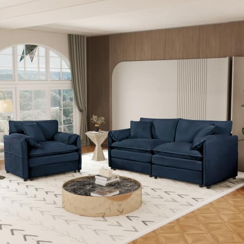 Anysun - Luxury 2-Piece Chenille Cloud Loveseat Set with 3 Pillows - Deep-Seat Couch & Armchair for Living Room, Bedroom, Office - Blue