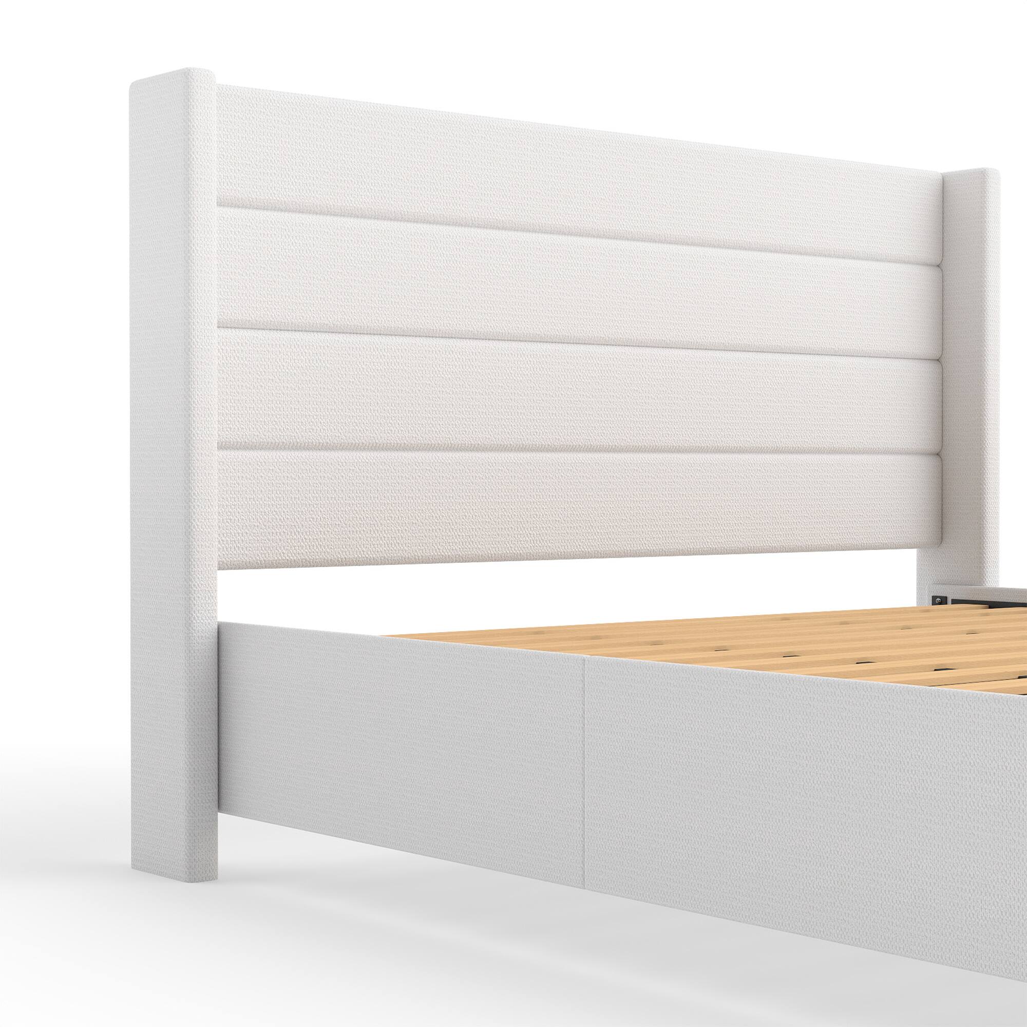 Alt View 4. Brick Attic - Solid Wood Platform Bed with High Padded Headboard,Slat Support System Eliminates Box Spring, Recessed Design Anti-Slip - White.