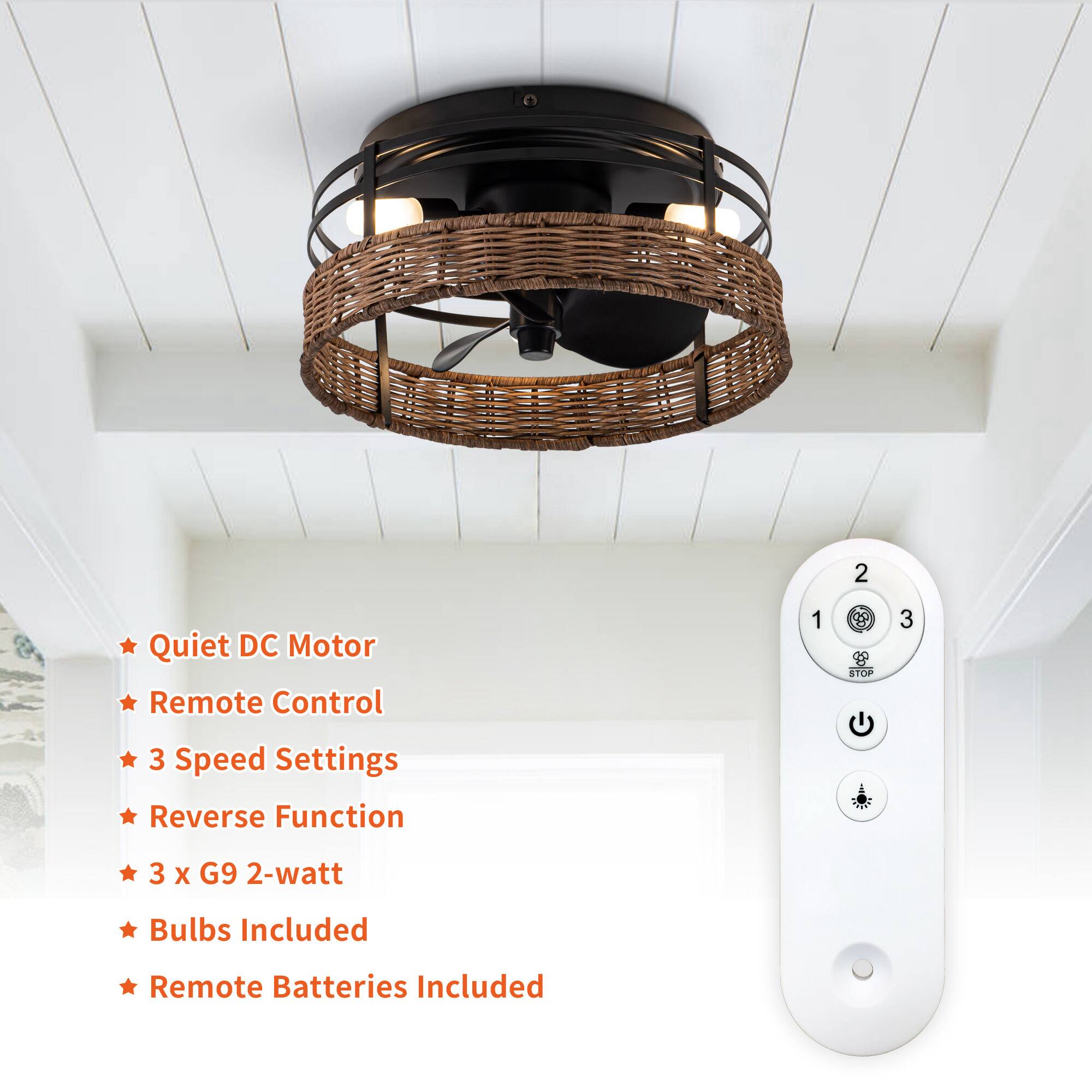 - Quiet DC Motor
- Remote Control
- 3 Speed Settings
- Reverse Function
- 3 x G9 2-watt Bulbs Included
- Remote Batteries Included