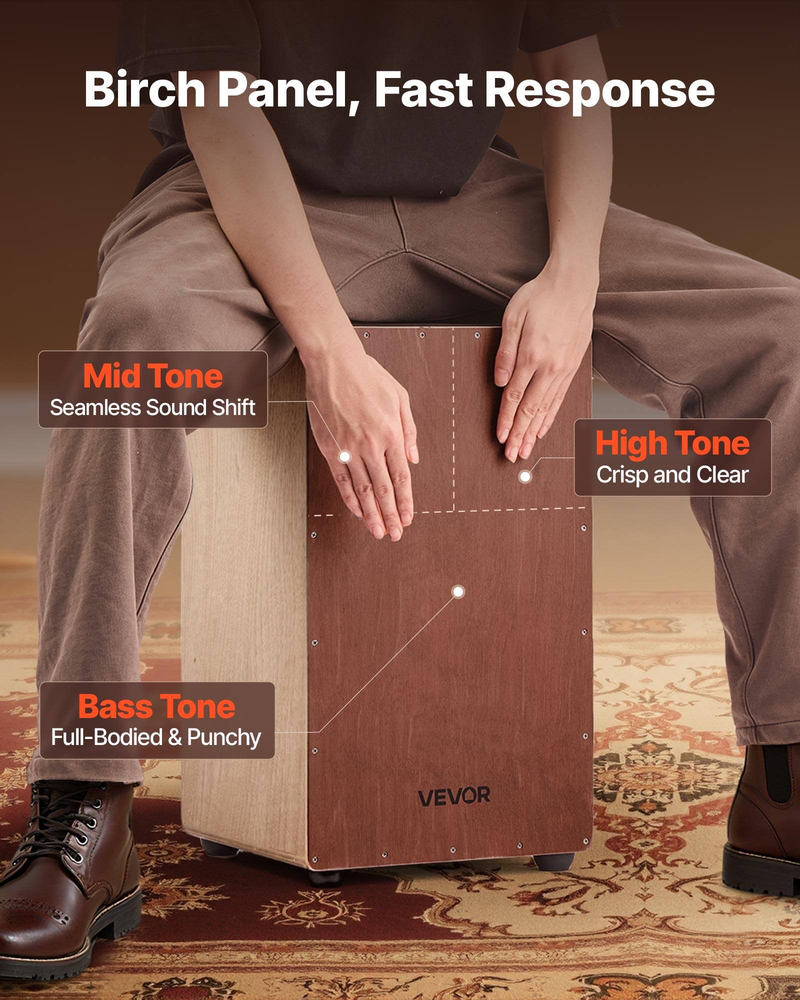 Birch Panel, Fast Response

- Mid Tone
  - Seamless Sound Shift

- High Tone
  - Crisp and Clear

- Bass Tone
  - Full-Bodied & Punchy

VEVOR