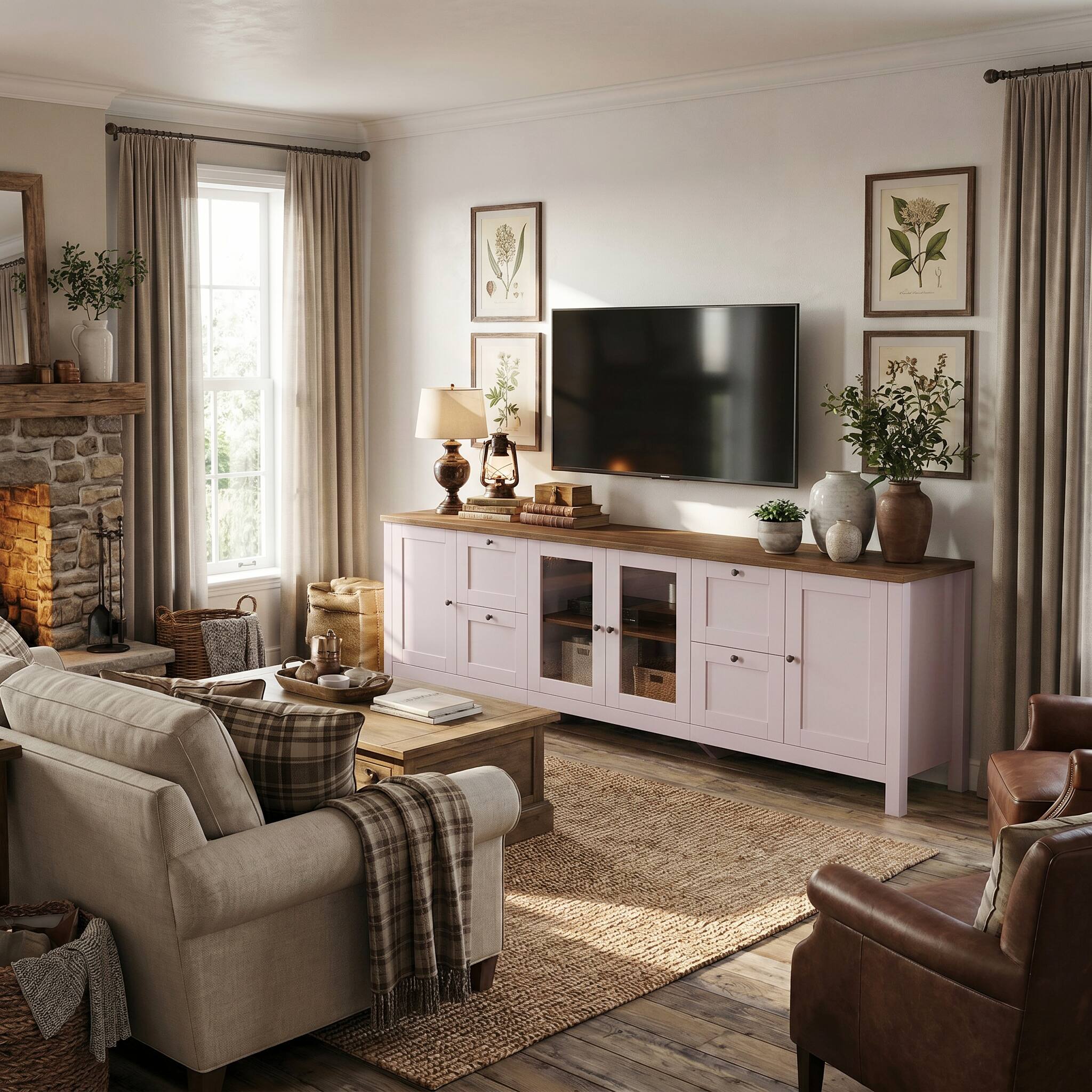 Back. Famapy - 90.6" Farmhouse TV Stand for 85 Inch TV, Glass Doors, Adjustable Shelves, 10-Compartment Storage - Pink & Wooden.