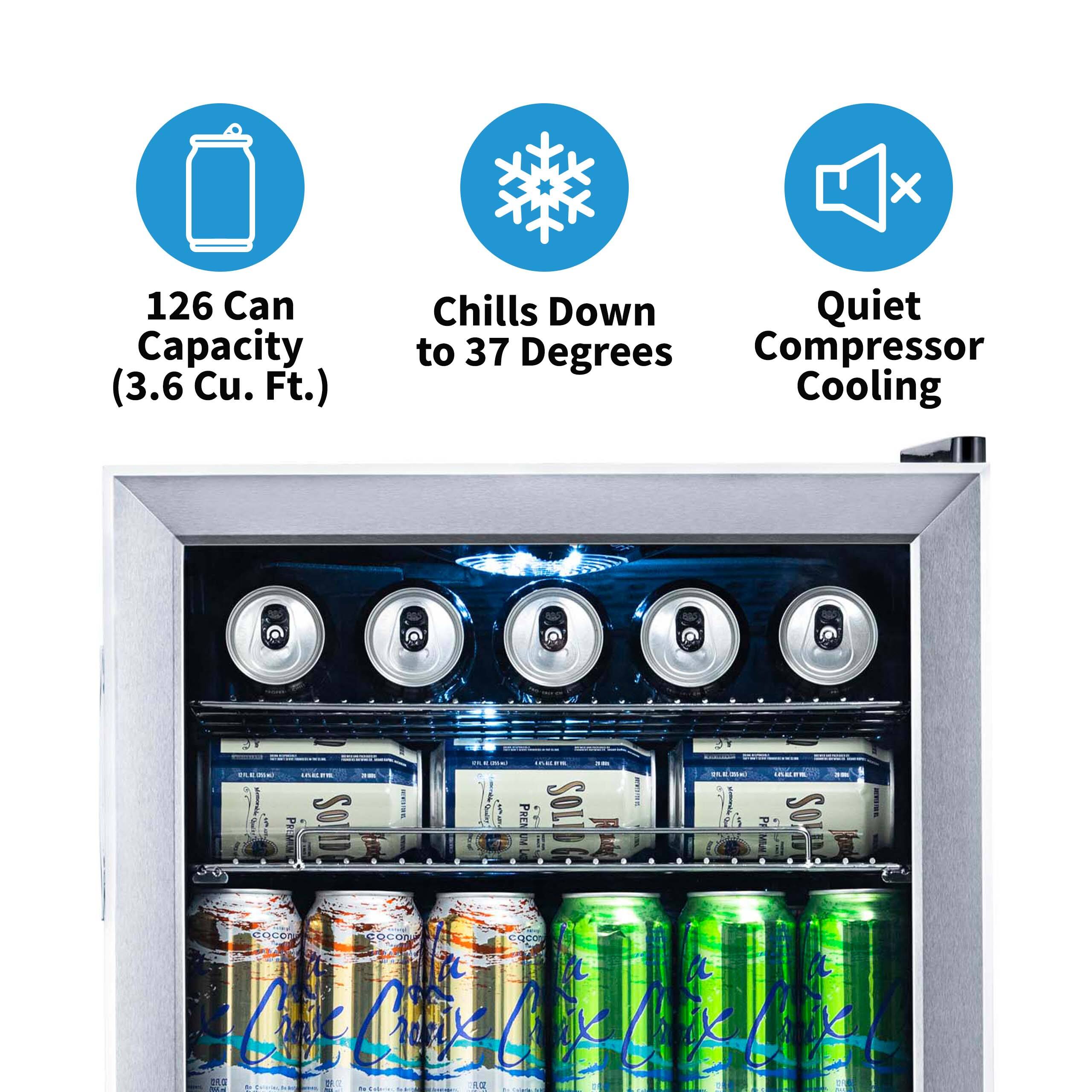 The text on the image reads:

126 Can Capacity (3.6 Cu. Ft.) Chills Down Quiet to 37 Degrees Compressor Cooling.