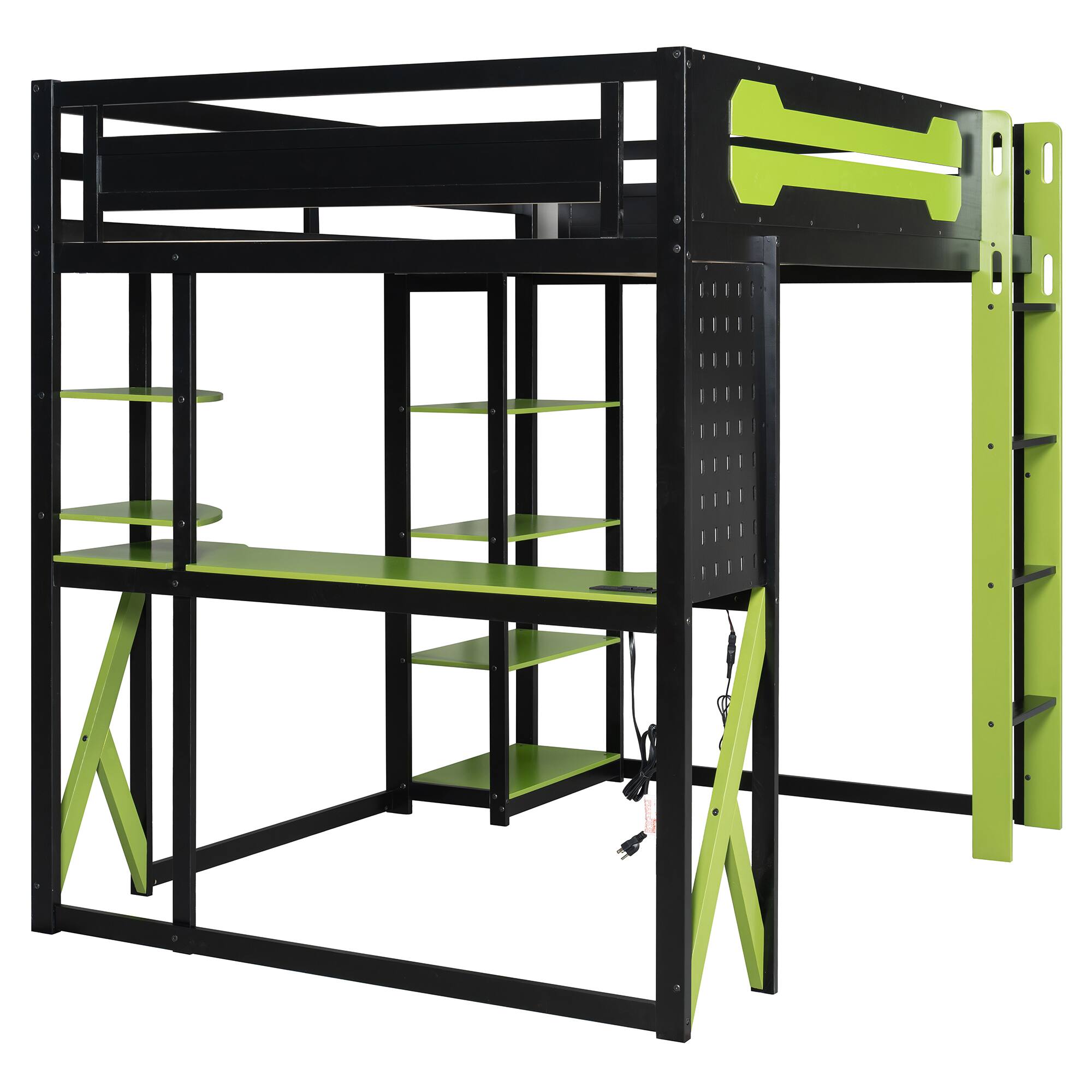 Alt View 5. Anysun - Full Size Wood Loft Bed with Desk, Shelves, Power Outlet & USB/Type-C Ports, , and RGB Light - Green.