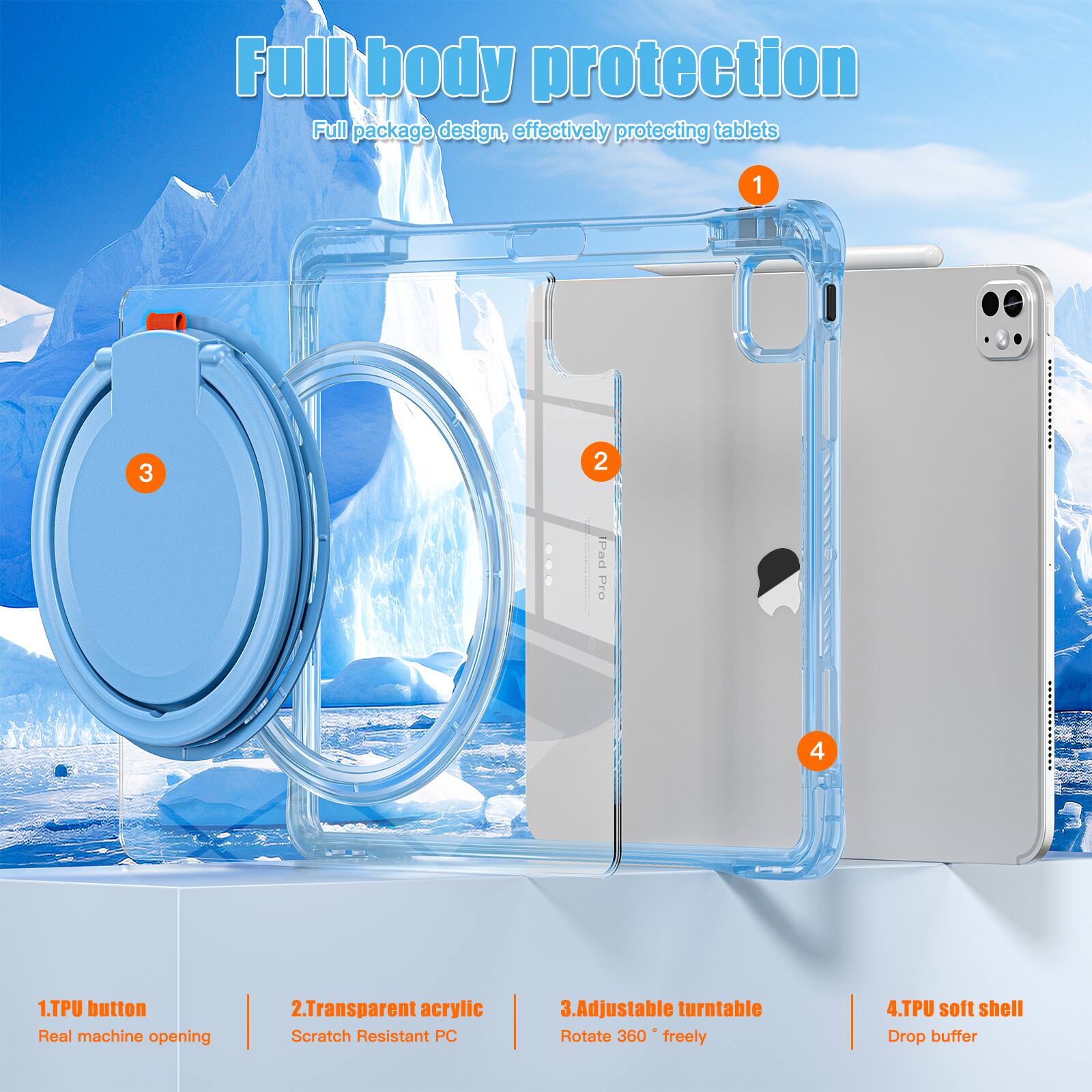 Full body protection  
Full package design, effectively protecting tablets  

1. TPU button  
Real machine opening  

2. Transparent acrylic  
Scratch Resistant PC  

3. Adjustable turntable  
Rotate 360° freely  

4. TPU soft shell  
Drop buffer