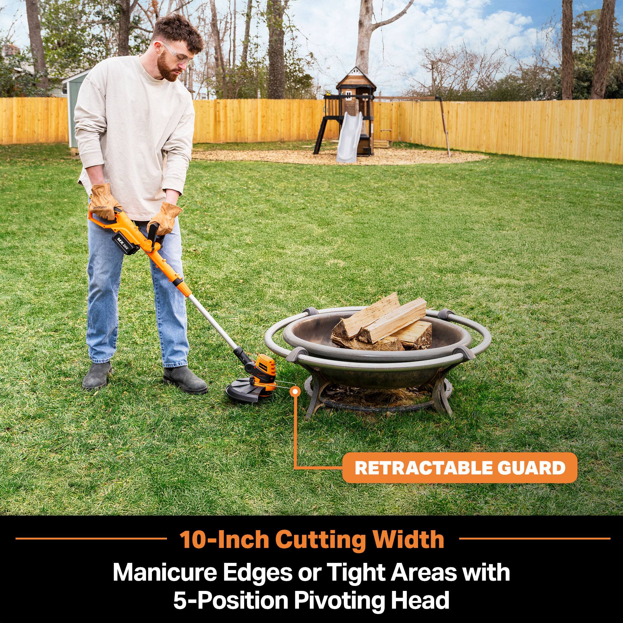 MXAGE  
RETRACTABLE GUARD  
10-Inch Cutting Width  
Manicure Edges or Tight Areas with 5-Position Pivoting Head
