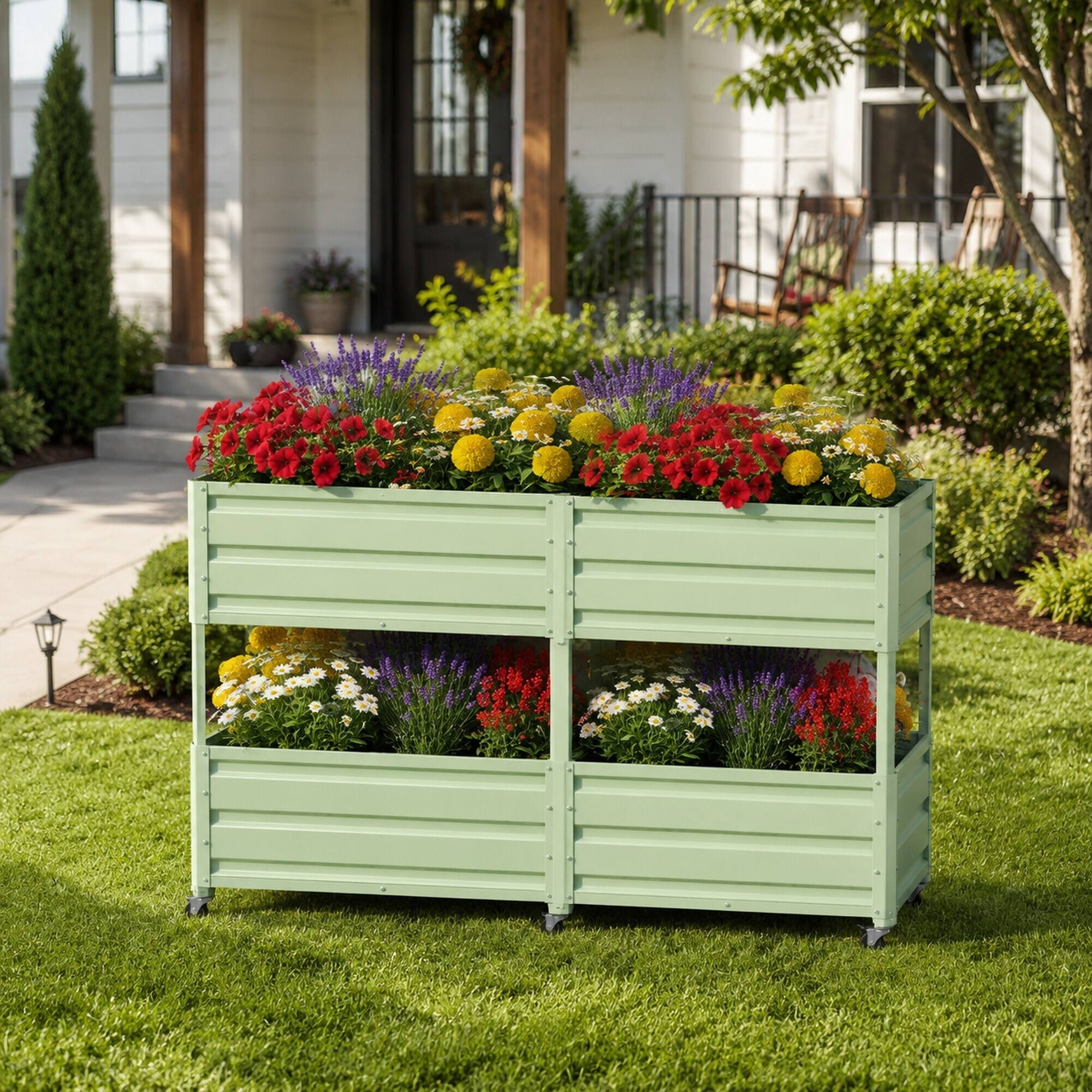 Alt View 1. RYHNUYNE - Elevated Metal Raised Garden Bed with Lockable Wheels, Green Two-Tier Self-Watering Planter Box for Vegetables - Green.