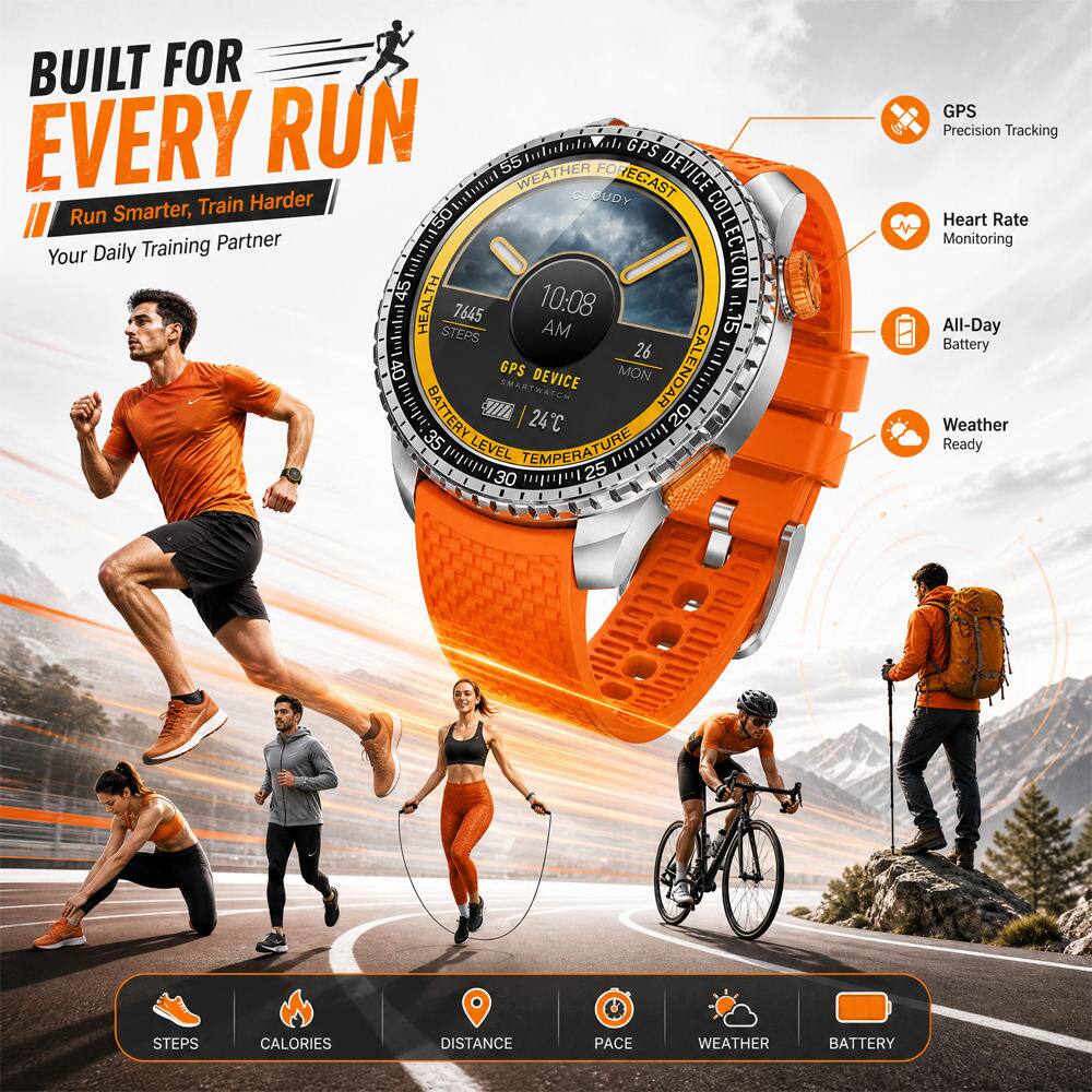 BUILT FOR EVERY RUN  
Run Smarter, Train Harder  
Your Daily Training Partner  

GPS DEVICE  
Heart Rate Monitoring  
All-Day Battery  
Weather Ready  

GPS Precision Tracking  
All-Day Battery  
Weather Ready  

STEPS  
CALORIES  
DISTANCE  
PACE  
WEATHER  
BATTERY