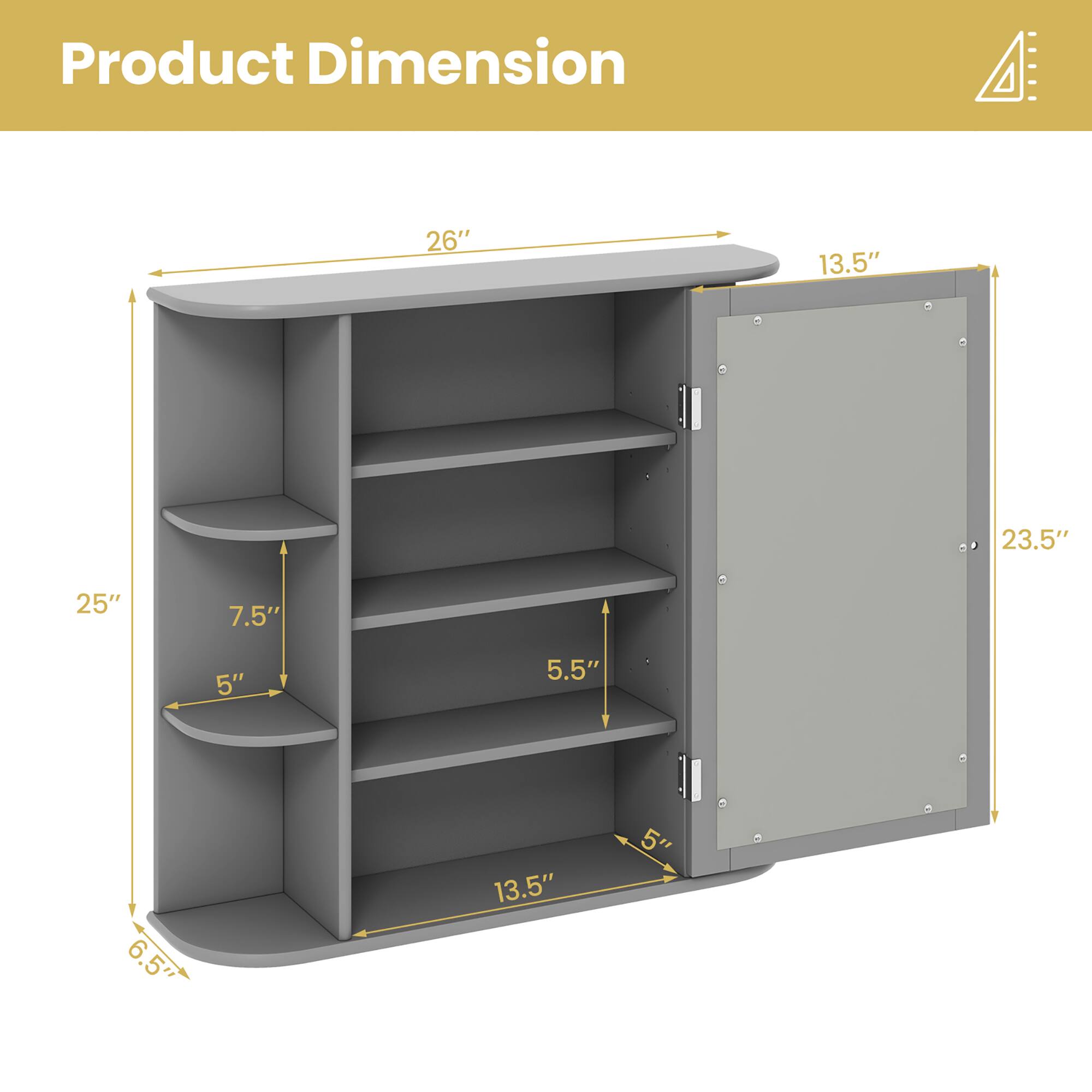 Product Dimension  
26" x 13.5" x 23.5"  
25" x 7.5" x 5"  
5.5" x 13.5" x 5"  
6.5"