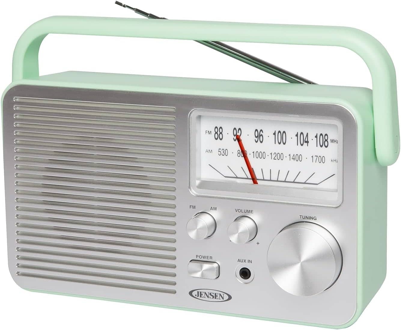 FM 88 92 96 100 104 108 MHz AM 530 800 1000 1200 1400 1700 kHz FM AM VOLUME TUNING + POWER AUX IN JENSEN