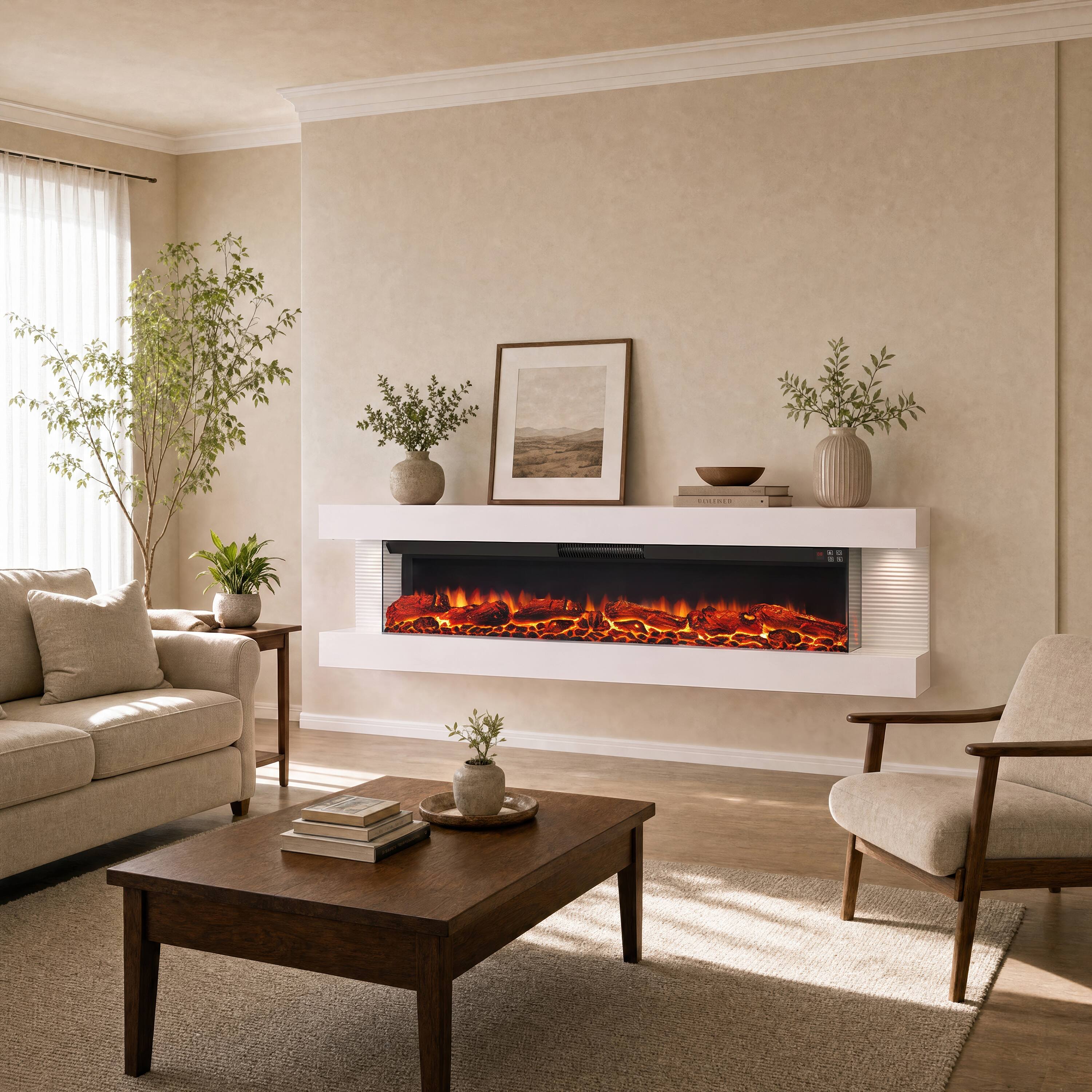 Back. Mondawe - 72" Stylish 3-Sided Electric Fireplace with Suspended LED Light Mantel and Remote Control - White.