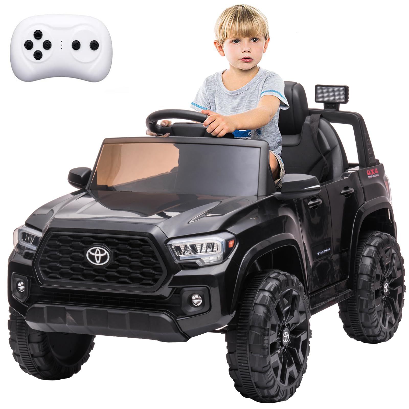 Acekool - 12V Licensed Toyota Tacoma Kids Ride On Truck, Electric Car w/Remote, 2 Speeds, Suspension, Seat Belt & Headlights - Black