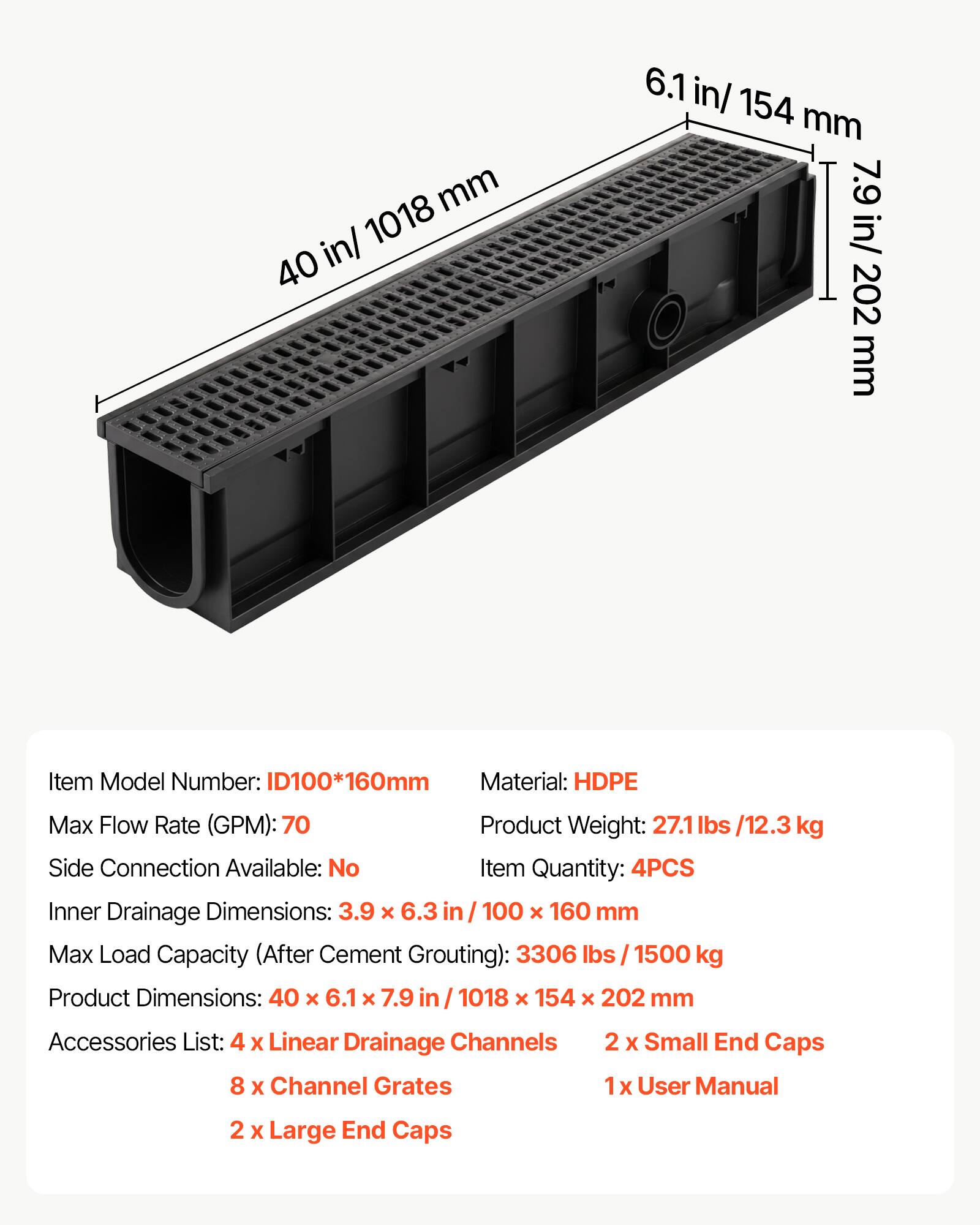 - Item Model Number: ID100*160mm
- Material: HDPE
- Max Flow Rate (GPM): 70
- Product Weight: 27.1 lbs / 12.3 kg
- Side Connection Available: No
- Item Quantity: 4PCS
- Inner Drainage Dimensions: 3.9 x 6.3 in / 100 x 160 mm
- Max Load Capacity (After Cement Grouting): 3306 lbs / 1500 kg
- Product Dimensions: 40 x 6.1 x 7.9 in / 1018 x 154 x 202 mm
- Accessories List: 
  - 4 x Linear Drainage Channels
  - 2 x Small End Caps
  - 8 x Channel Grates
  - 2 x Large End Caps
  - 1 x User Manual