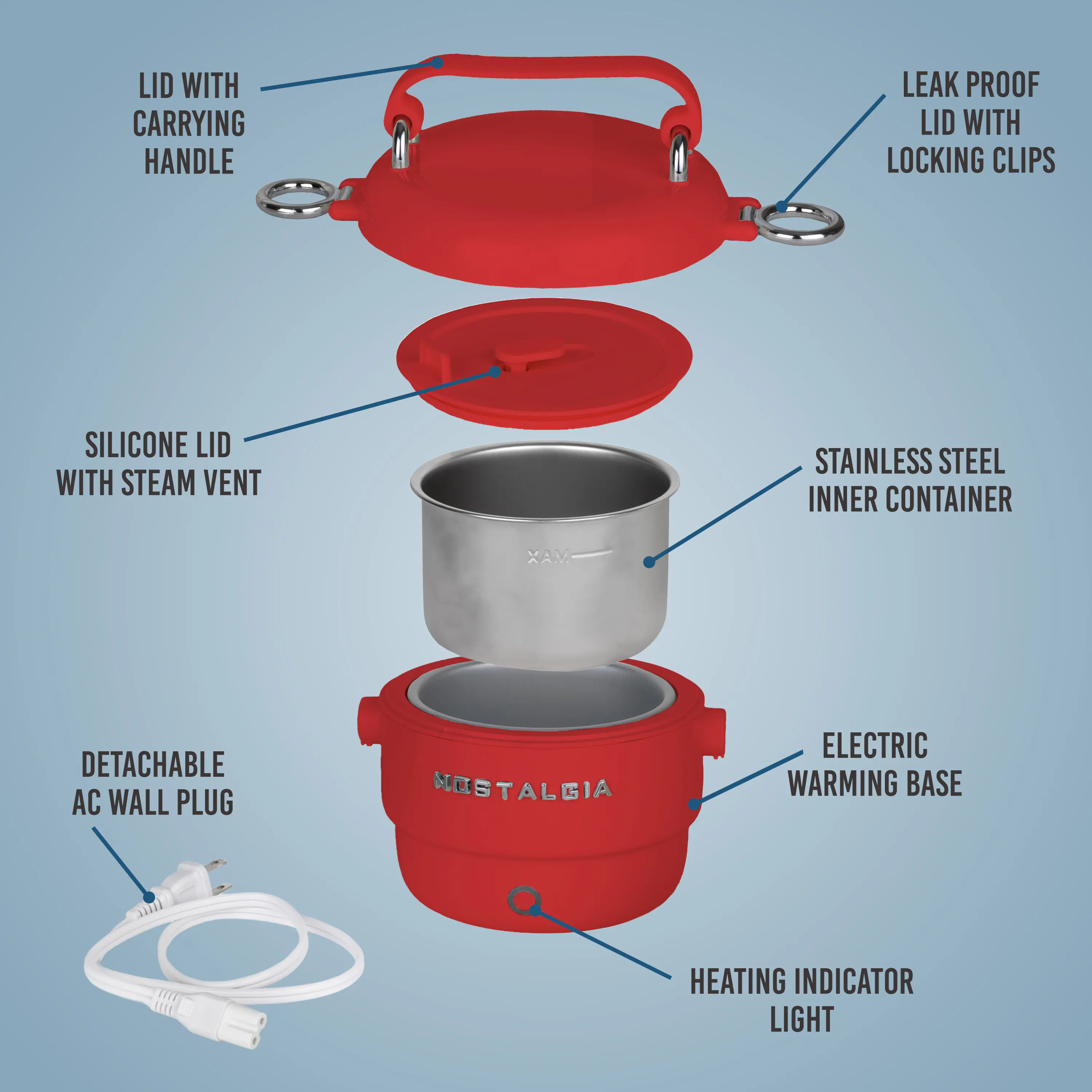 LID WITH CARRYING HANDLE  
LEAK PROOF LID WITH LOCKING CLIPS  
SILICONE LID WITH STEAM VENT  
STAINLESS STEEL INNER CONTAINER  

DETACHABLE AC WALL PLUG  
ELECTRIC WARMING BASE  
HEATING INDICATOR LIGHT