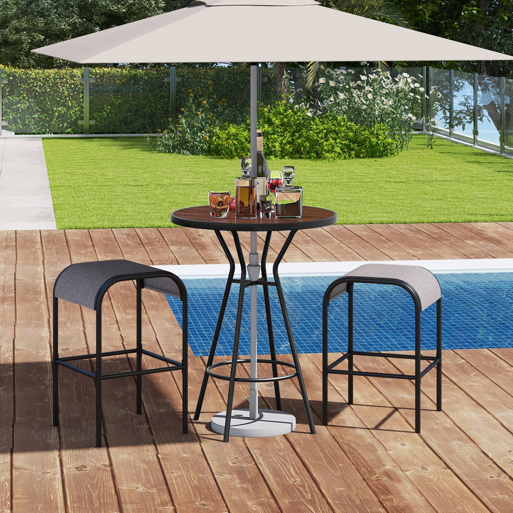 Alt View 3. Gymax - 28'' Outdoor Bar Table w/ Wood-Like Tabletop Umbrella Hole & Footrest for Backyard - Natural, Black.