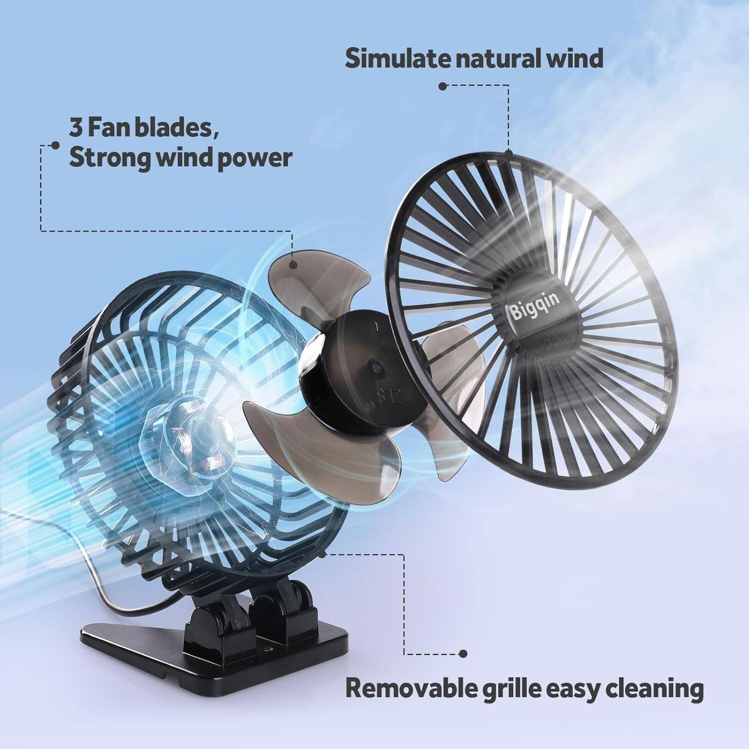 Simulate natural wind, 3 Fan blades, Strong wind power, Bigqin, Removable grille easy cleaning