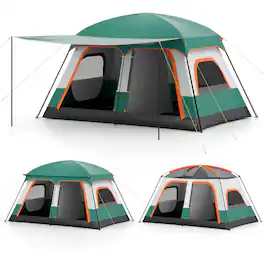 Costway - 4-6 Person Camping Tent with Porch & 2 Rooms, 2 Doors, Rainfly, Mesh Windows - Green