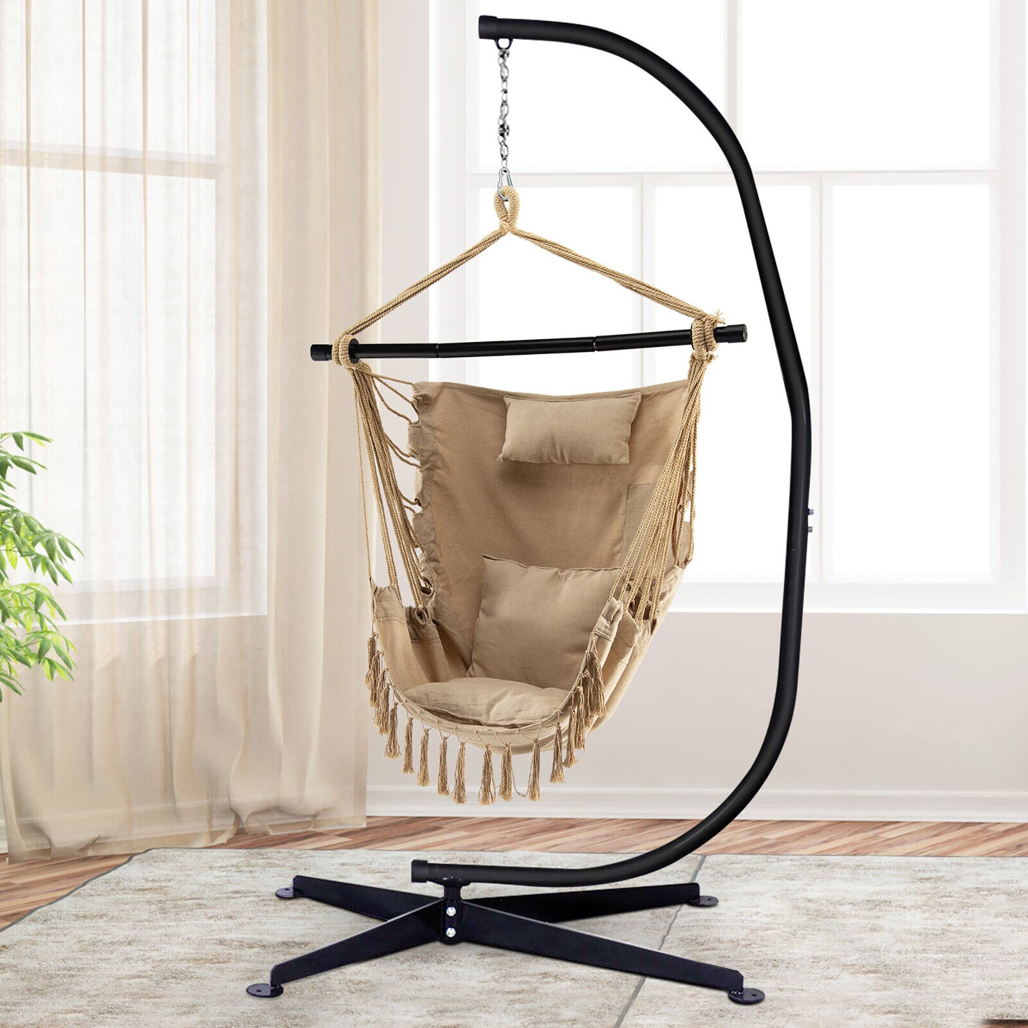 Alt View 2. Gymax - Gymax Hammock Chair w/ Soft Pillow Cushions Pocket Hanging Rope Swing Steel Bar Beige - Beige.