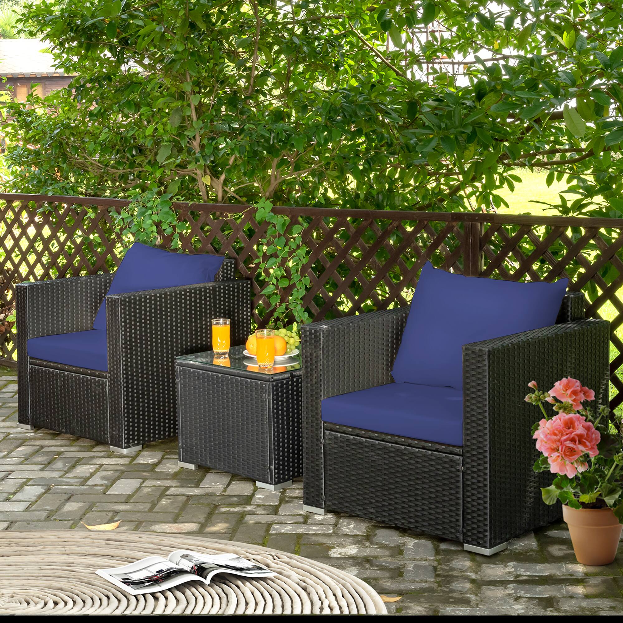 Alt View 1. Costway - 3PCS Patio Rattan Wicker Furniture Set Sofa Table W/Cushion Yard - Navy.