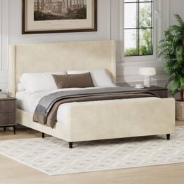 LUCKY ONE - Queen Size Corduroy Upholstered Platform Bed Frame with 50.7in Wingback Headboard, High Footboard, Wooden Slats - Cream