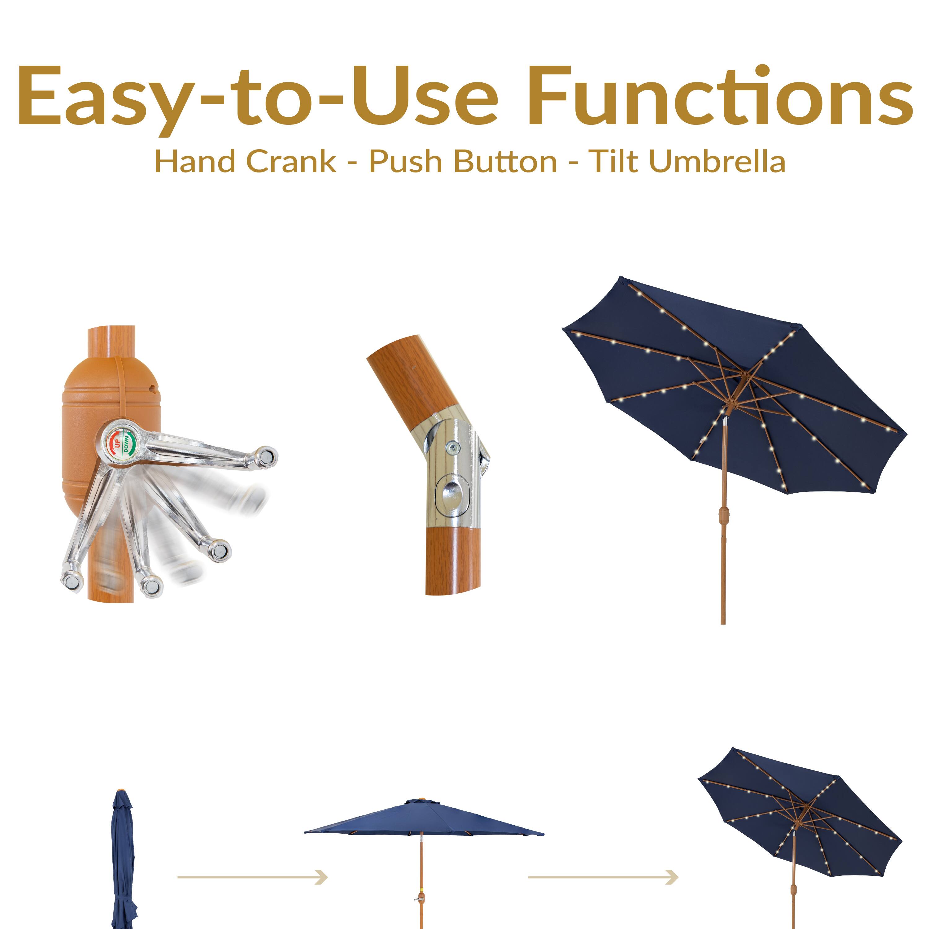 Easy-to-Use Functions  
Hand Crank - Push Button - Tilt Umbrella