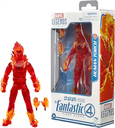The image features a red plastic action figure of the Human Torch, a character from the Fantastic Four comic book series. The figure is part of the Marvel Legends series and is designed for children aged 4 and up. The packaging warns of small parts that could pose a choking hazard, and the figure is not intended for children under 3 years of age. The figure is displayed in a box, showcasing its vibrant red color and the character's iconic flame-like appearance.