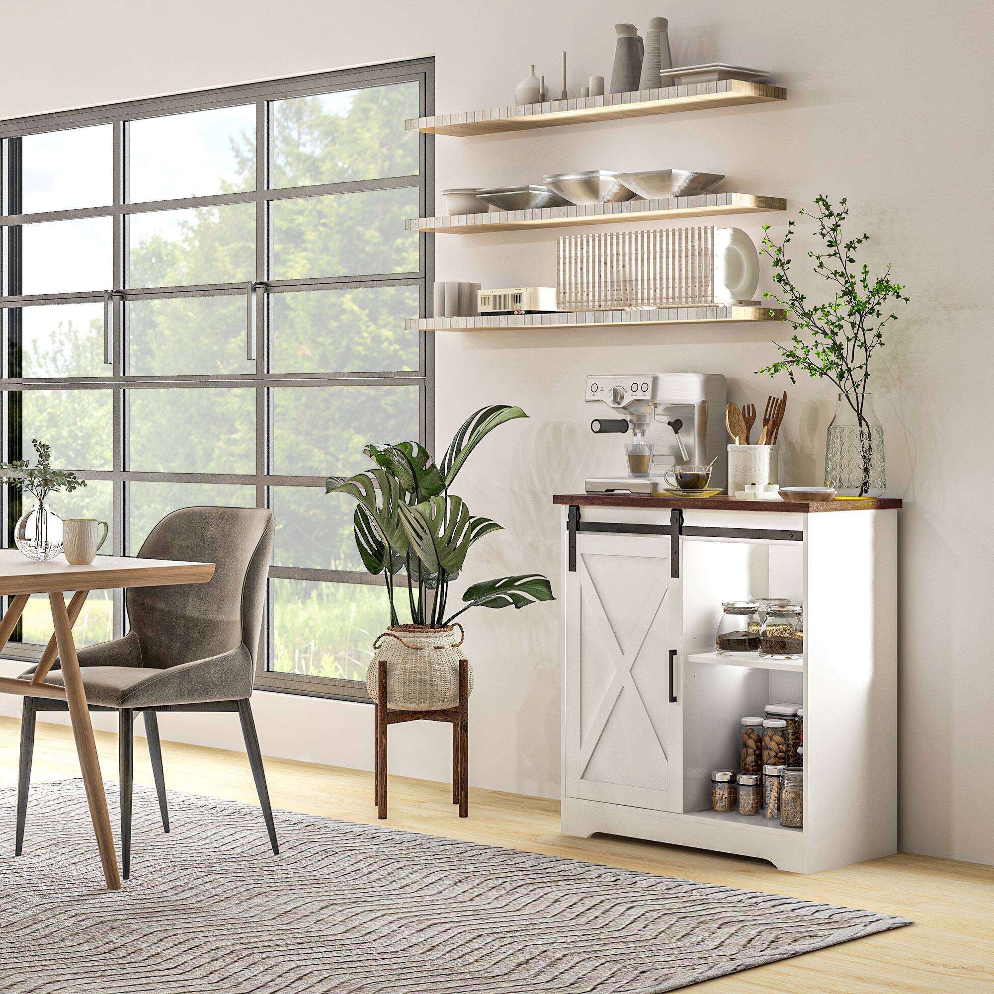 Alt View 1. Homcom - Kitchen Sideboard Buffet Cabinet Coffee Bar Cabinet with Sliding Barn Door and Adjustable Shelf - White.