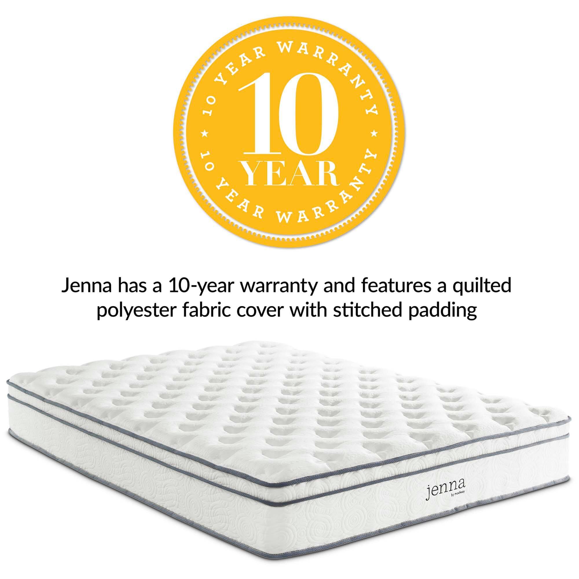 Jenna has a 10-year warranty and features a quilted polyester fabric cover with stitched padding.
