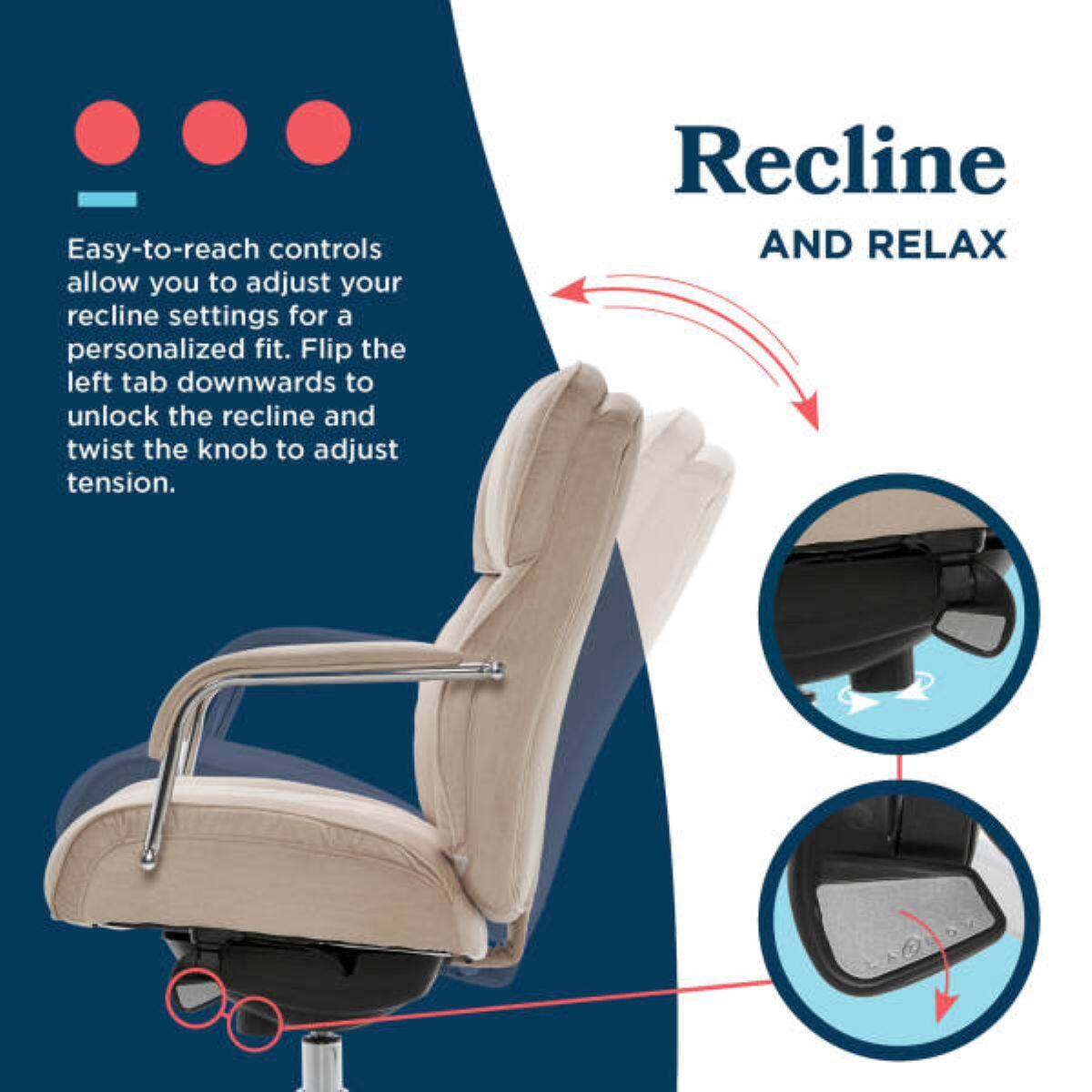 Easy-to-reach controls allow you to adjust your recline settings for a personalized fit. Flip the left tab downwards to unlock the recline and twist the knob to adjust tension. Recline AND RELAX