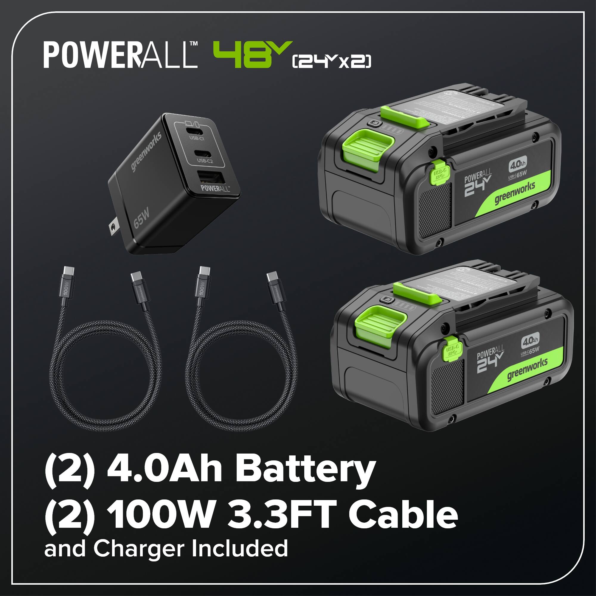 POWERALL 48Y (24Y x 2)  
greenworks  
65W  
UNB-CA  

POWERALL 40  
greenworks  
24  
4.0Ah Battery (2)  
100W 3.3FT Cable and Charger Included