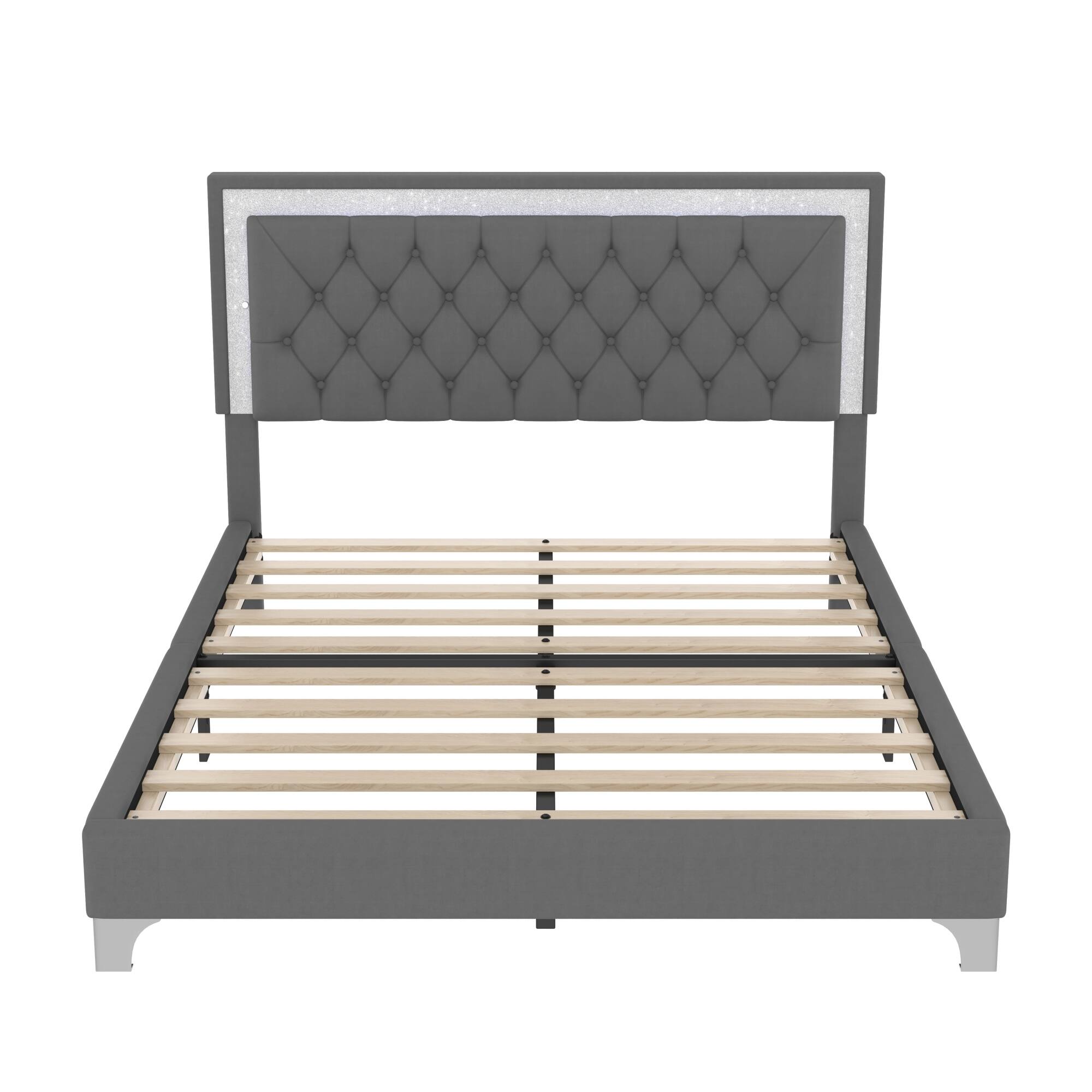 Alt View 2. GOODSILO - Elegant Velvet Upholstered Queen Bed Frame with LED Lights and Tufted Headboard - Gray.