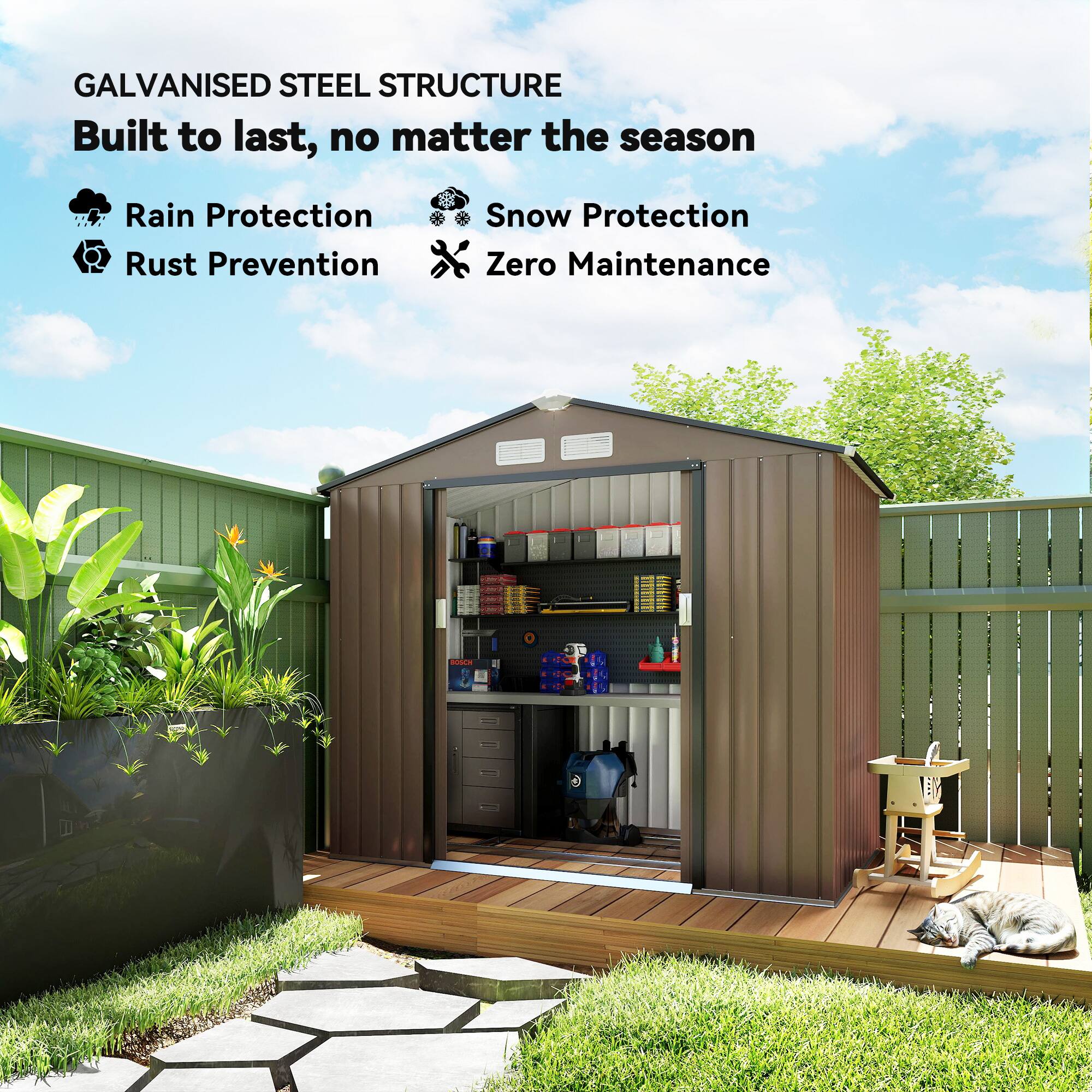 GALVANISED STEEL STRUCTURE  
Built to last, no matter the season  

- Rain Protection  
- Snow Protection  
- Rust Prevention  
- Zero Maintenance