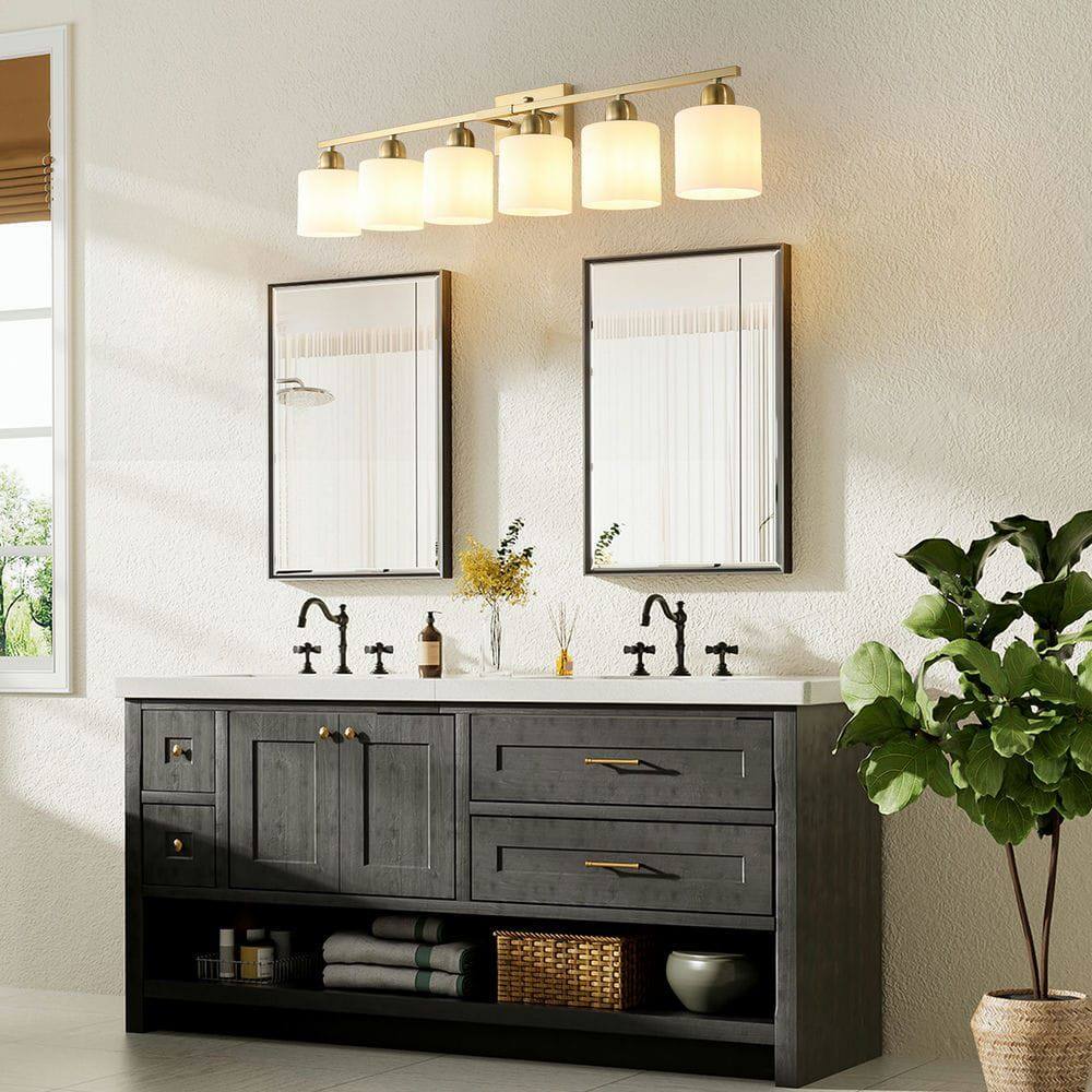Alt View 4. Kadyn - 6 Light Gold Bathroom Vanity Light, Gold Bathroom Light Fixtures, 38" Modern Brushed Gold Vanity Lighting Fixtures, Gold - Gold.
