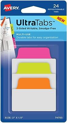 Avery - UltraTabs Repositionable Multiuse Tabs, 2" x 1.5", Assorted Neon, 8 Tabs/Pad, 3 Pads - Assorted Neons