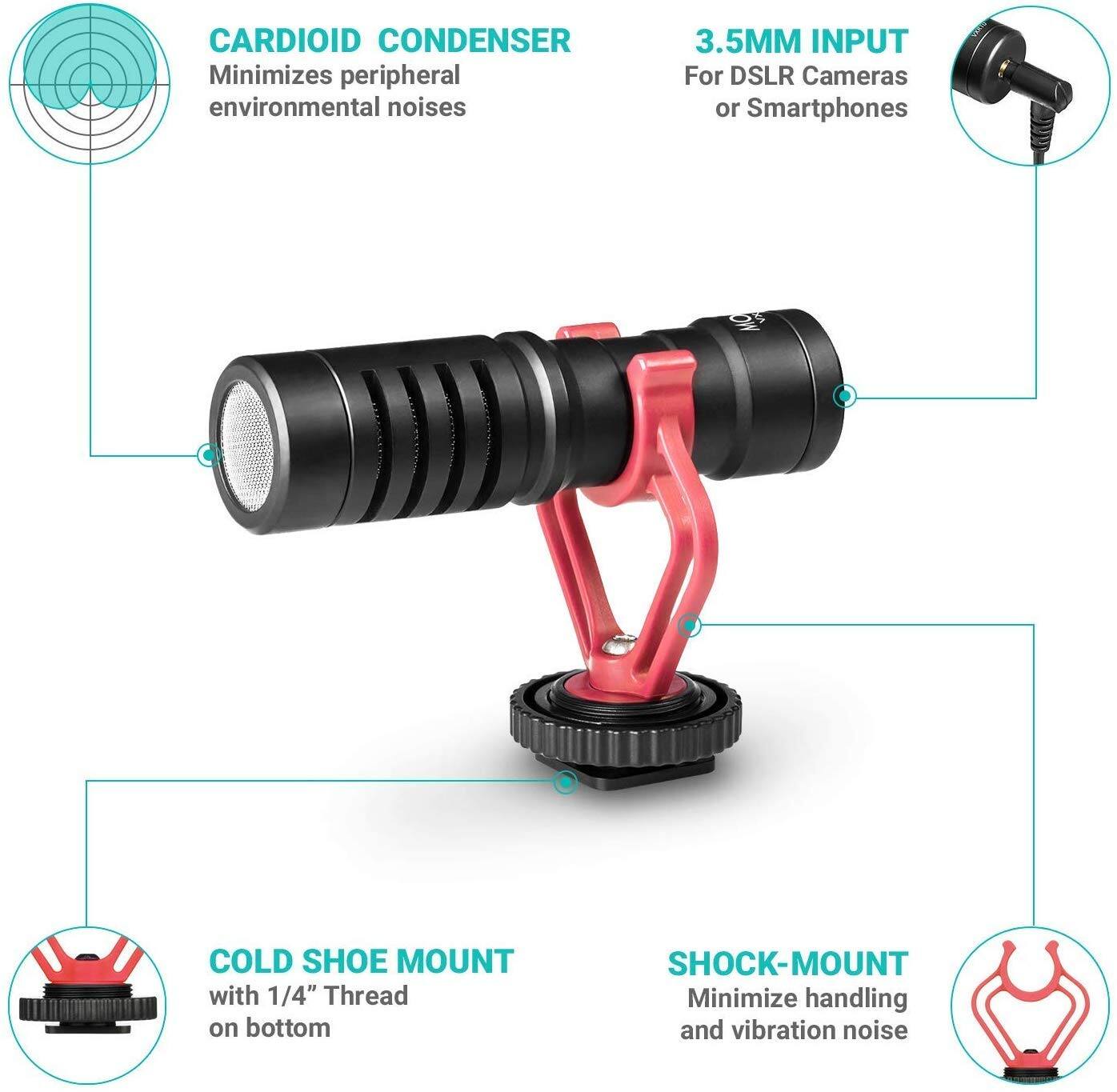 CARDIOID CONDENSER  
Minimizes peripheral environmental noises  

3.5MM INPUT  
For DSLR Cameras or Smartphones  

COLD SHOE MOUNT  
with 1/4" Thread on bottom  

SHOCK-MOUNT  
Minimize handling and vibration noise