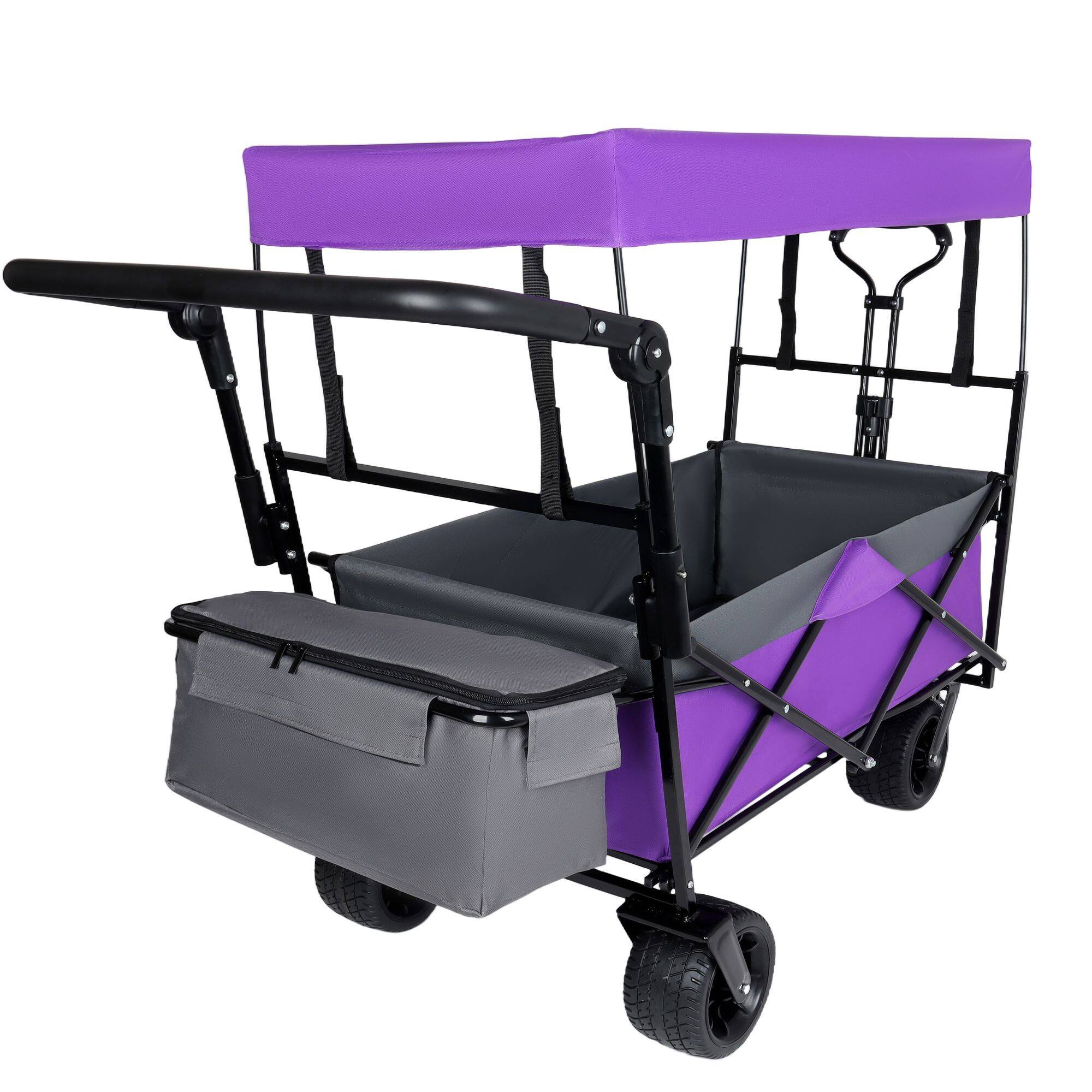 Left. Loheer - Loheer Collapsible Wagon with Canopy Push Handle Heavy Duty Folding Cart All Terrain Wheels Purple.